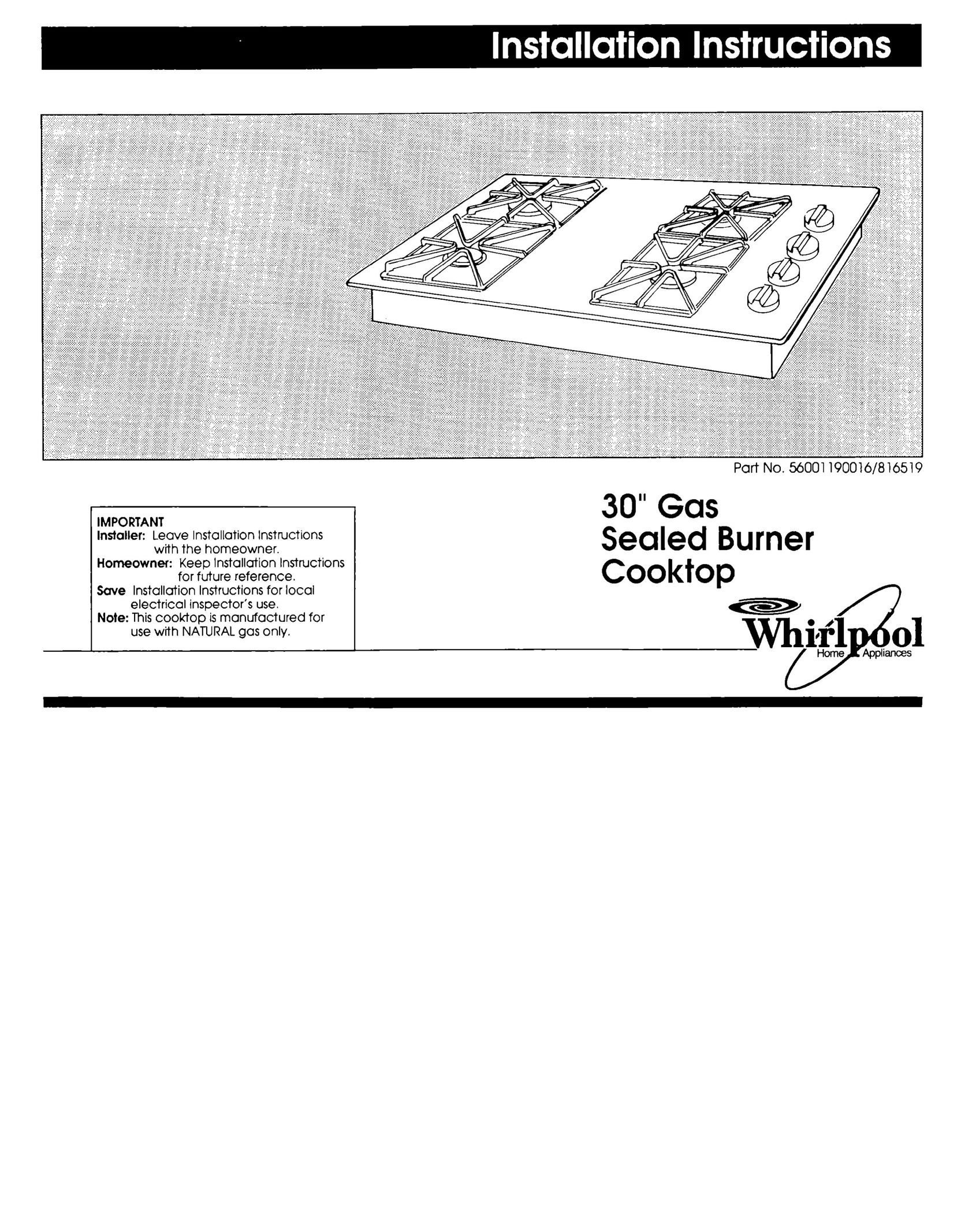 Whirlpool 56001190016/816519 Cooktop User Manual