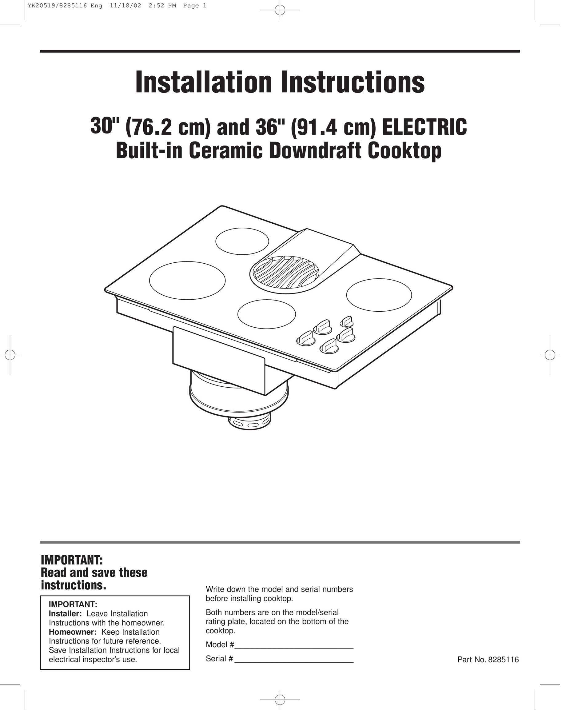 Whirlpool 8285116 Cooktop User Manual