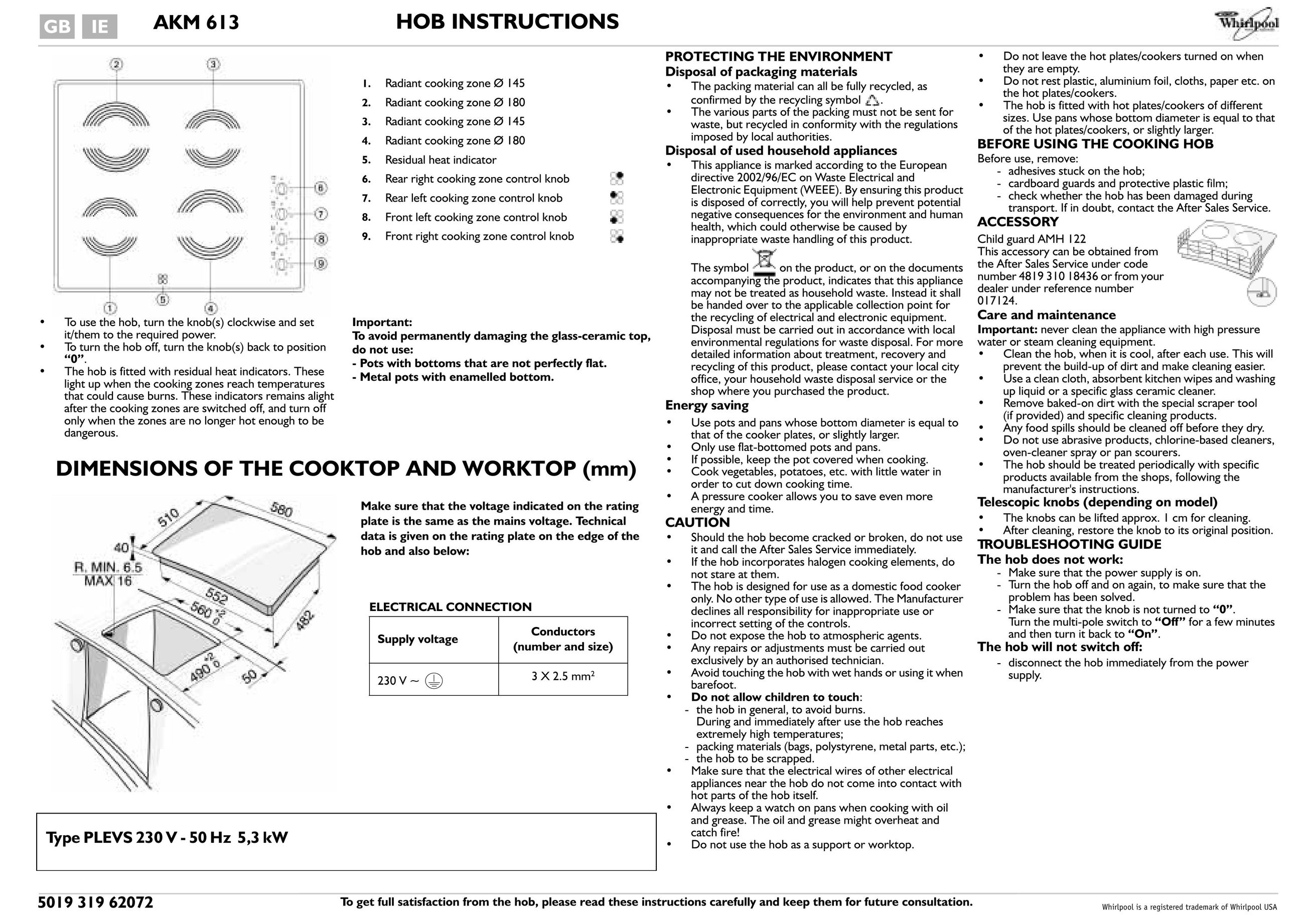 Whirlpool AKM 613 Cooktop User Manual