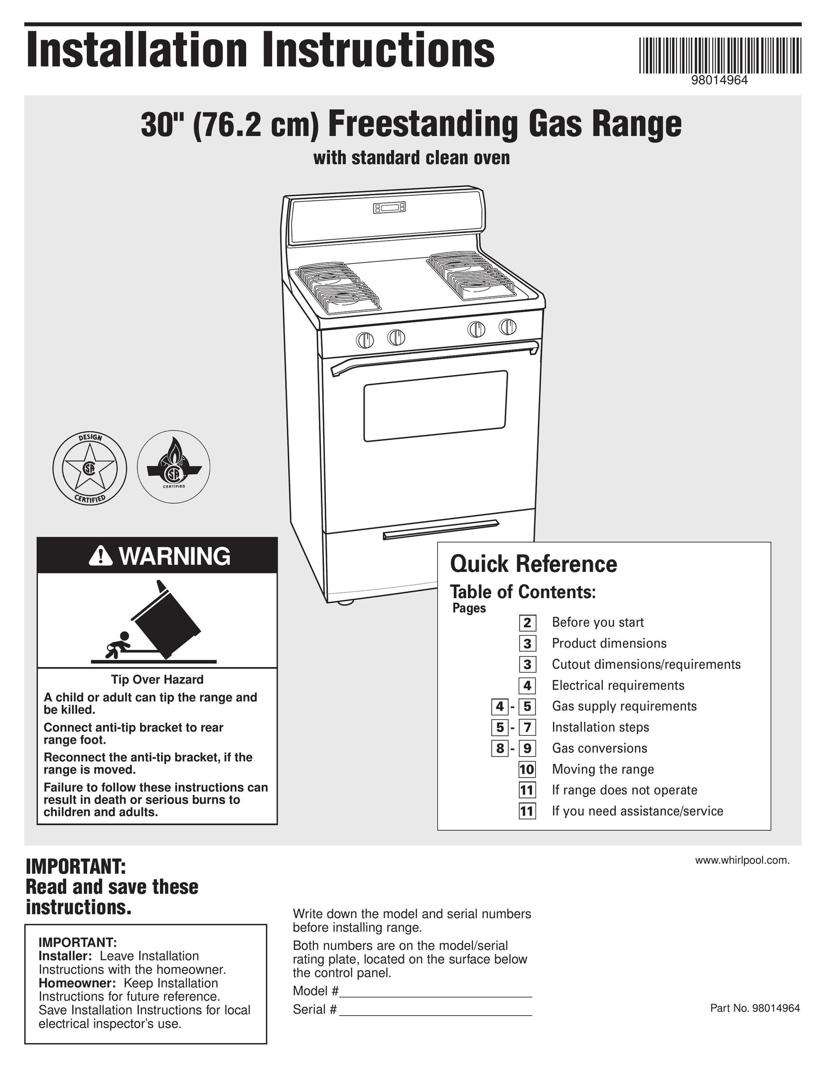 Whirlpool Freestanding Gas Range Cooktop User Manual