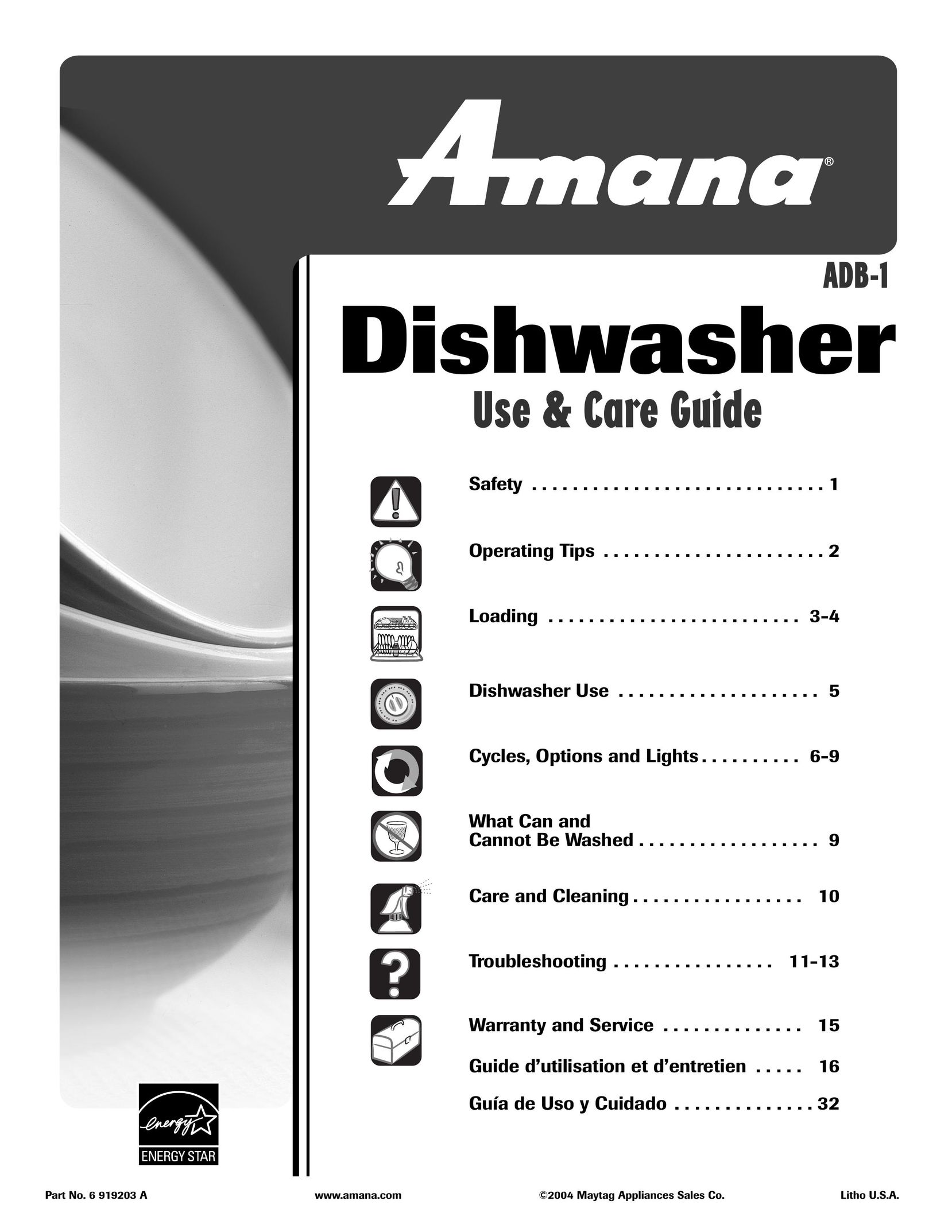 Amana ADB-1 Dishwasher User Manual