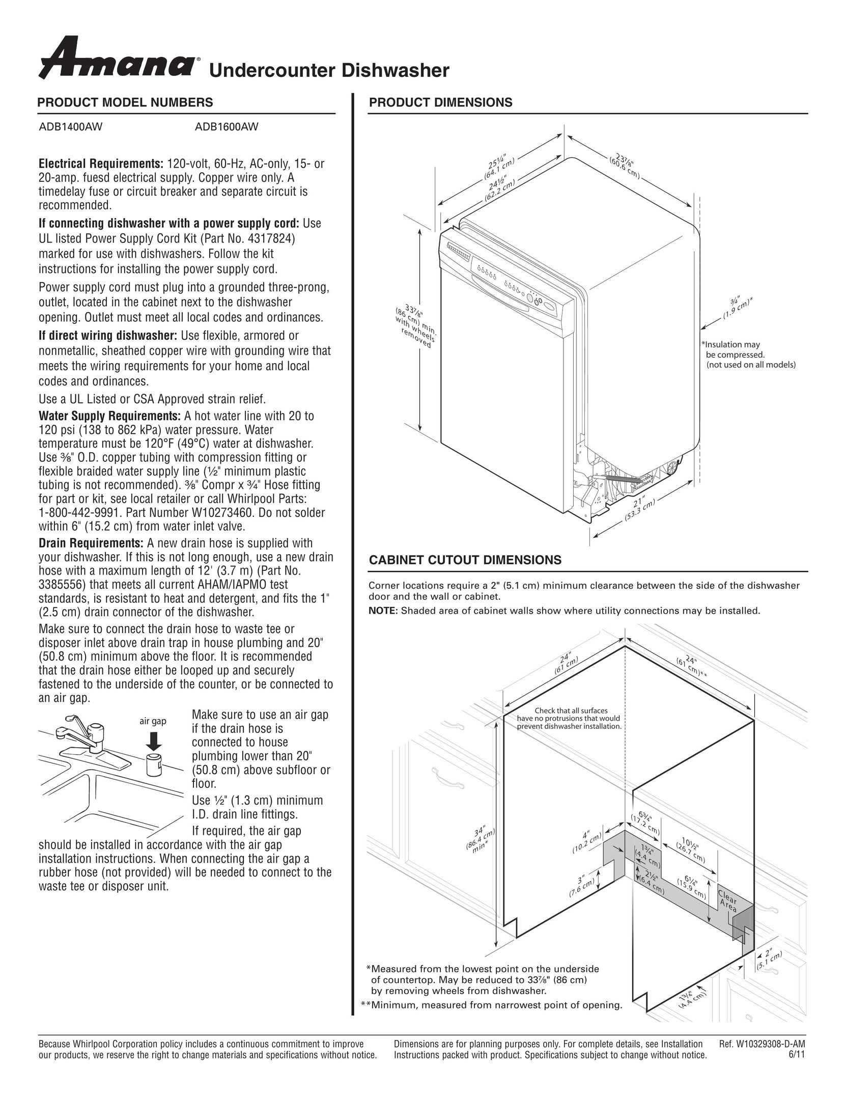 Amana ADB1400AW Dishwasher User Manual