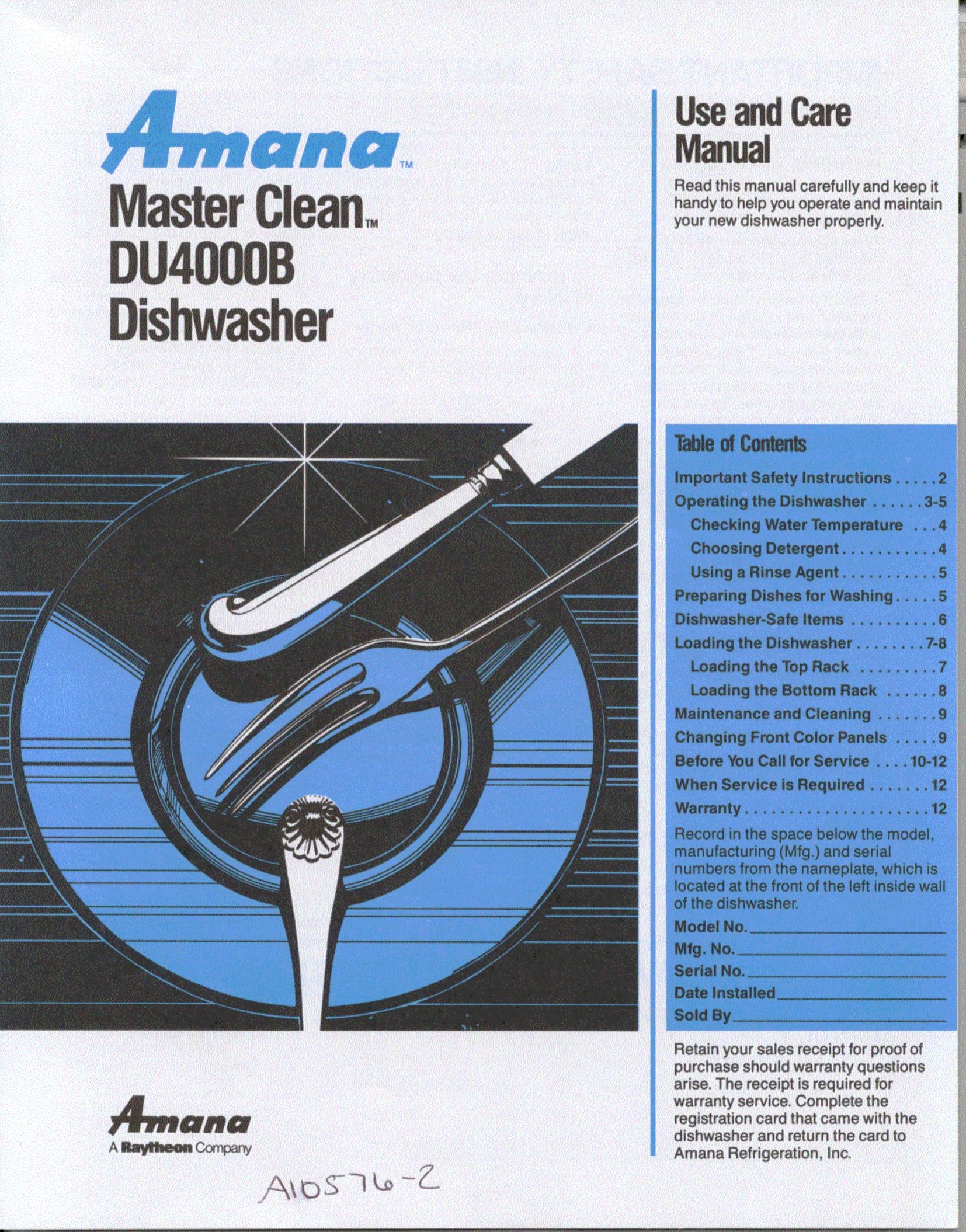 Amana DU4000B Dishwasher User Manual