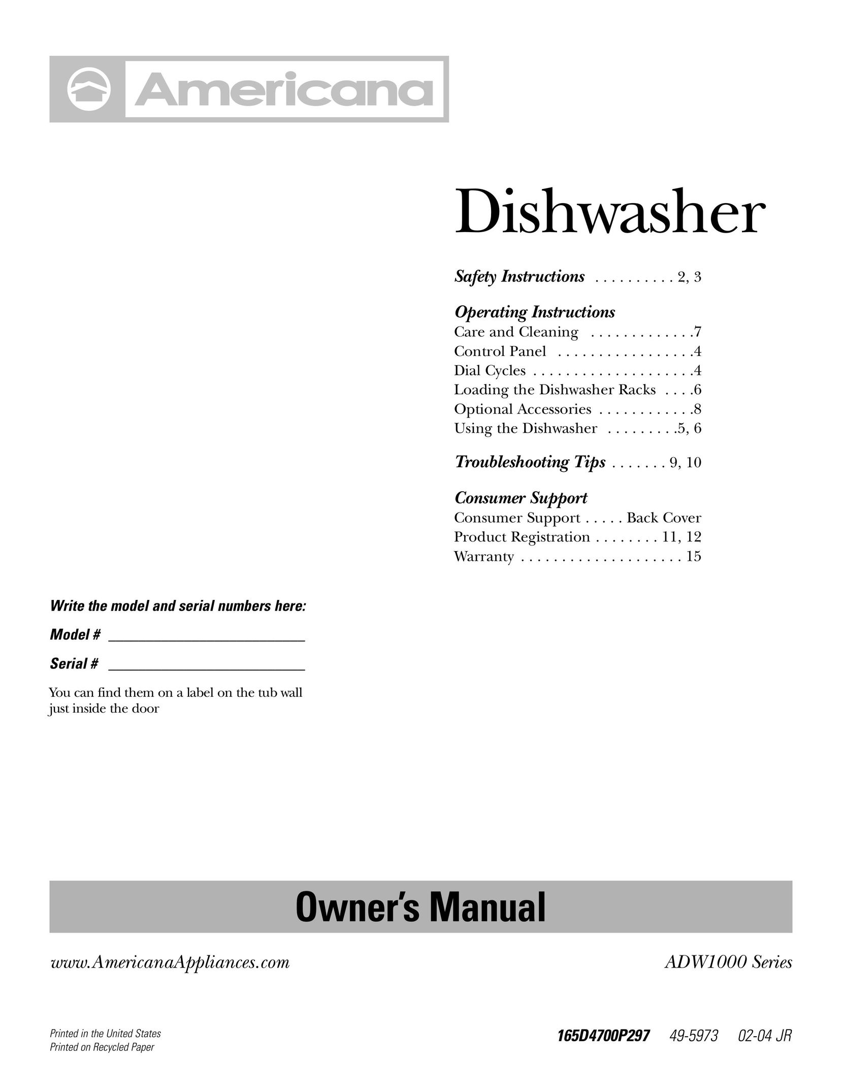 Americana Appliances ADW1000 series Dishwasher User Manual