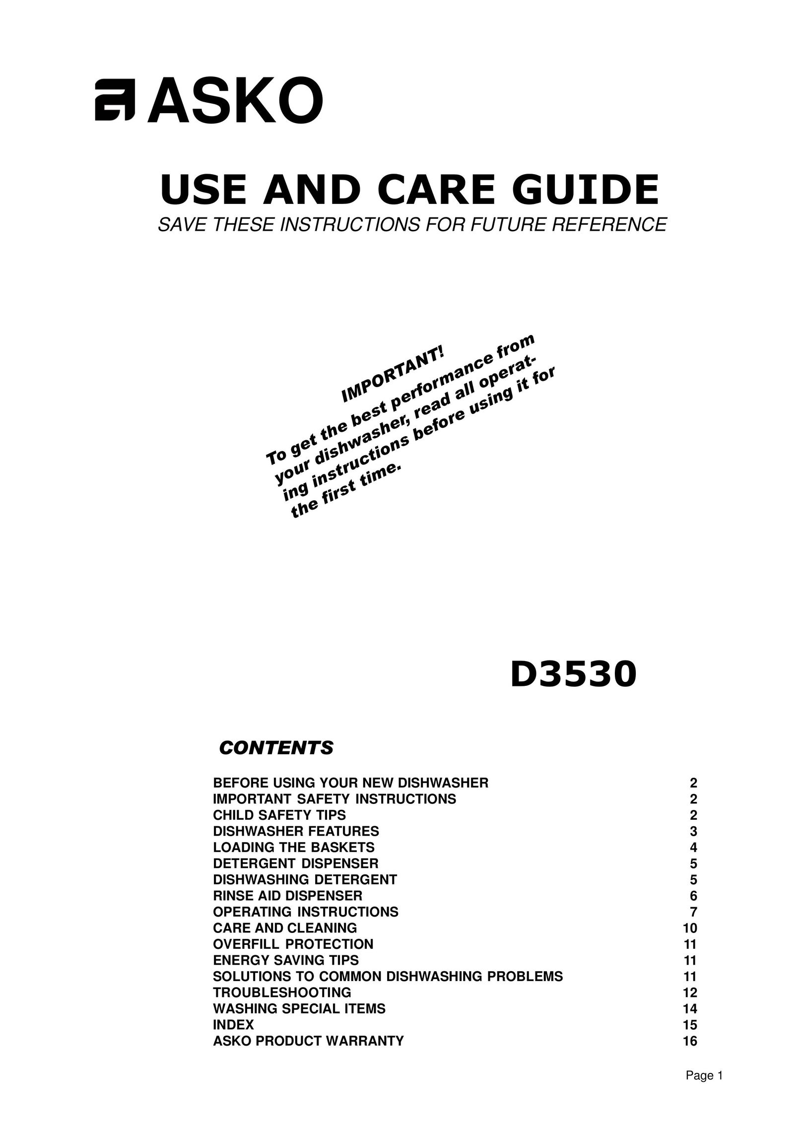 Asko D3530 Dishwasher User Manual