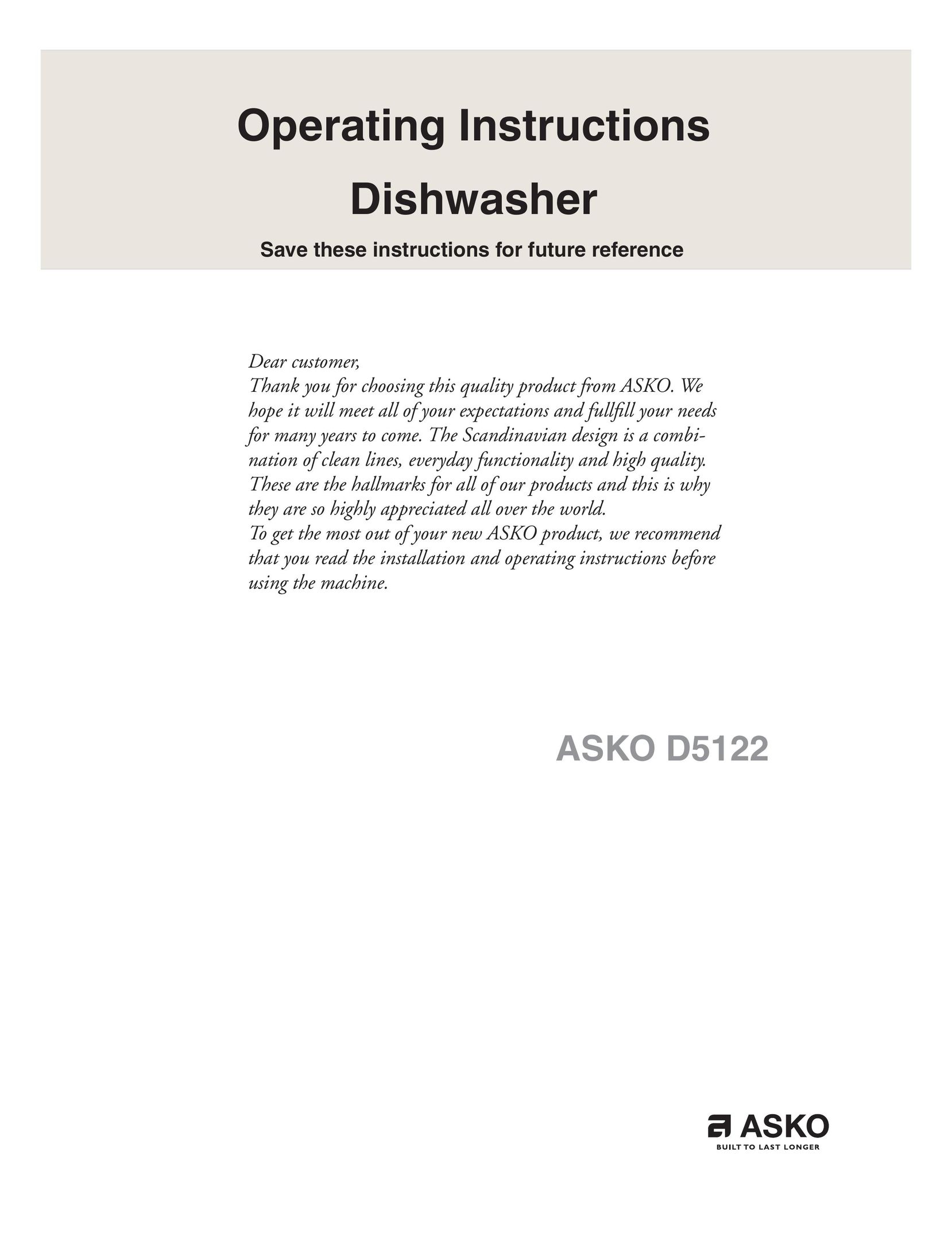 Asko D5122 Dishwasher User Manual