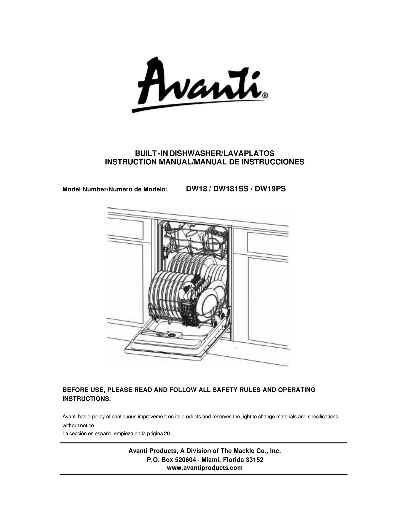 Avanti DW18 Dishwasher User Manual