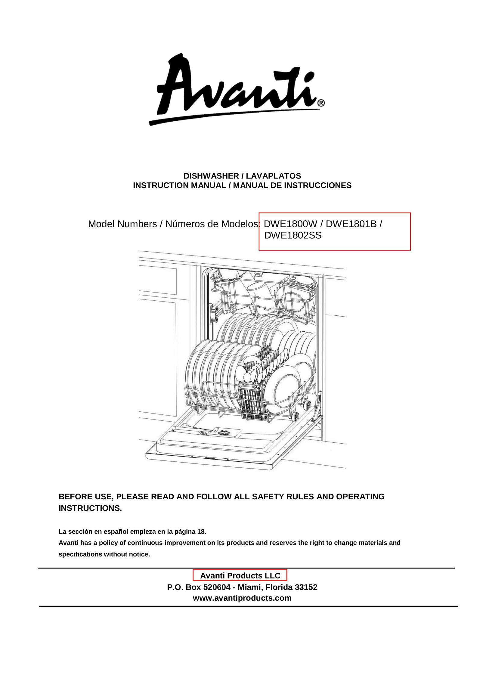 Avanti DWE1800W Dishwasher User Manual