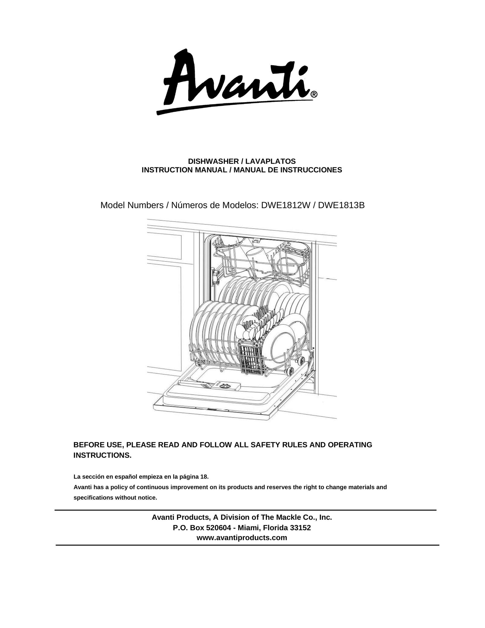 Avanti DWE1812W Dishwasher User Manual