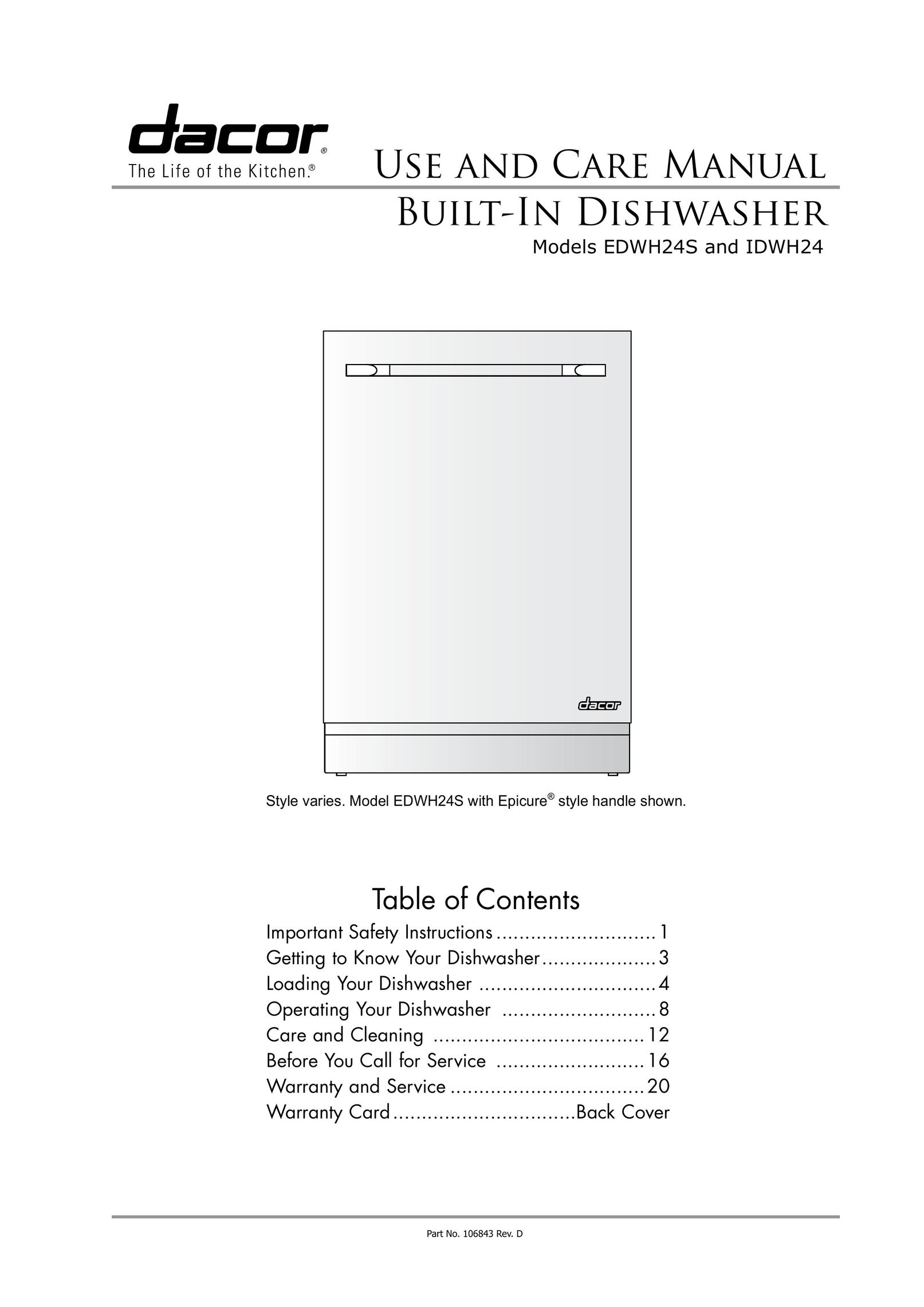 Dacor IDWH24 Dishwasher User Manual