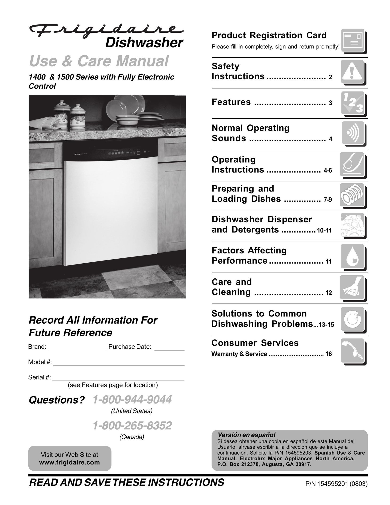 Frigidaire 154595201 Dishwasher User Manual