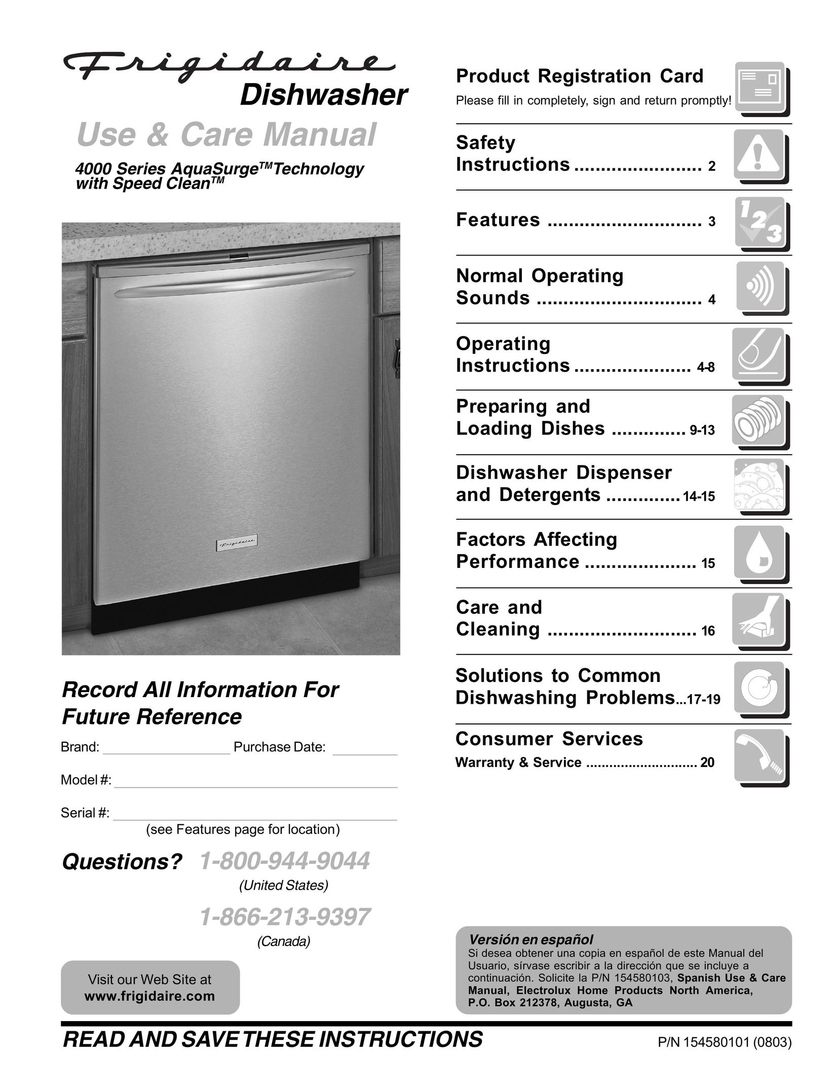 Frigidaire 4000 Series AquaSurgeTM Technology Dishwasher User Manual