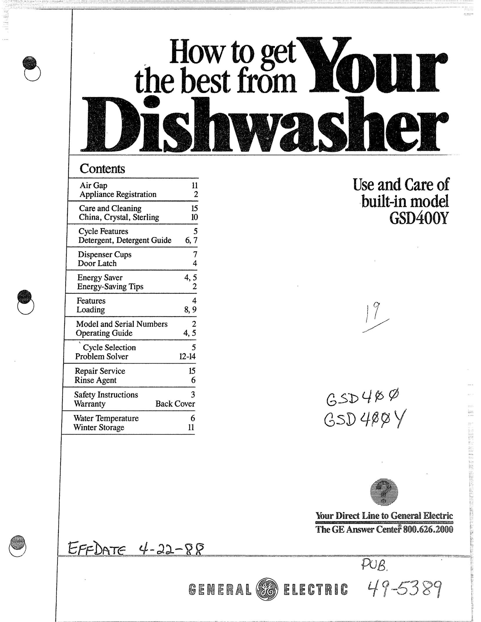 GE 165 D3080P027 Dishwasher User Manual