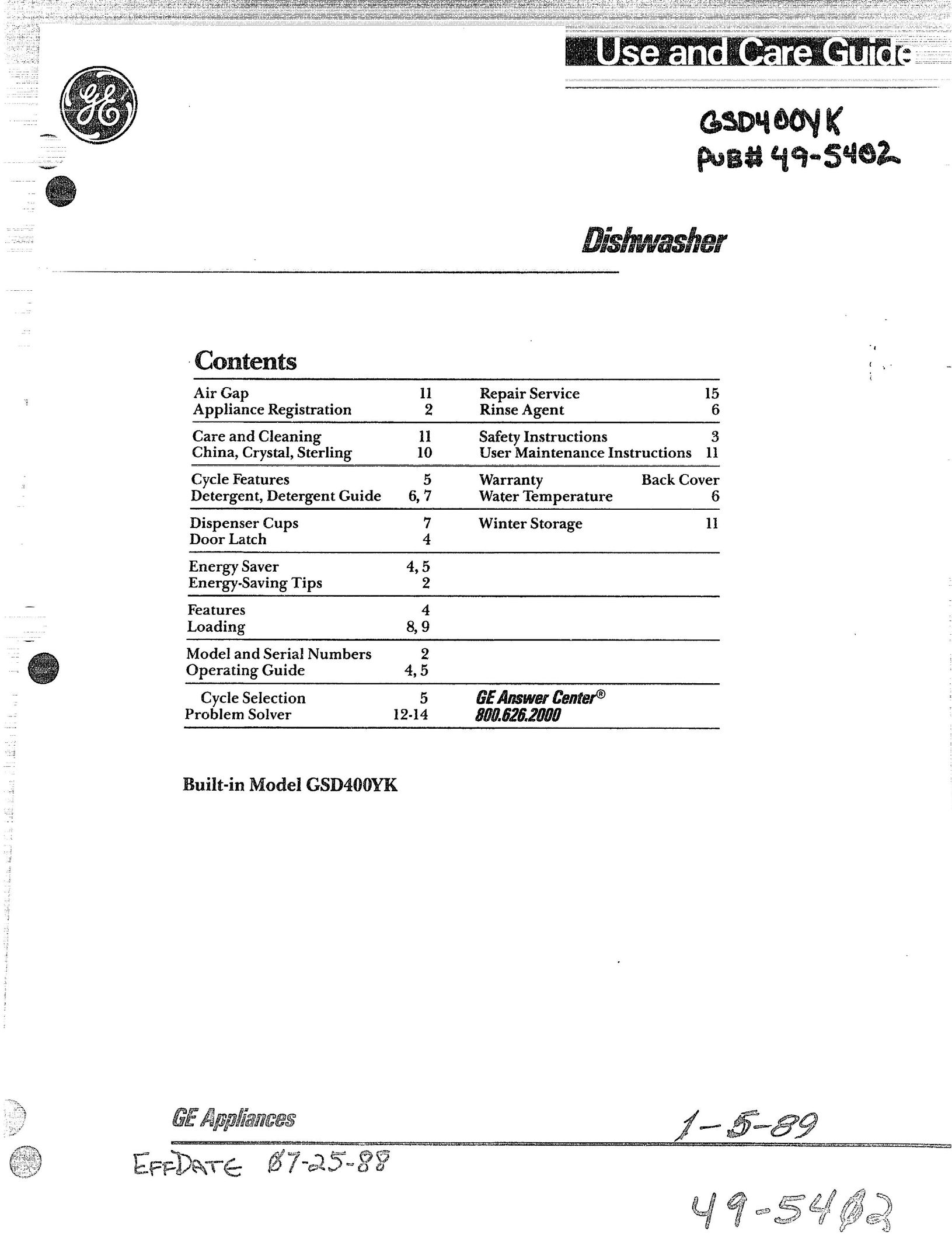 GE 165D3080P049 Dishwasher User Manual