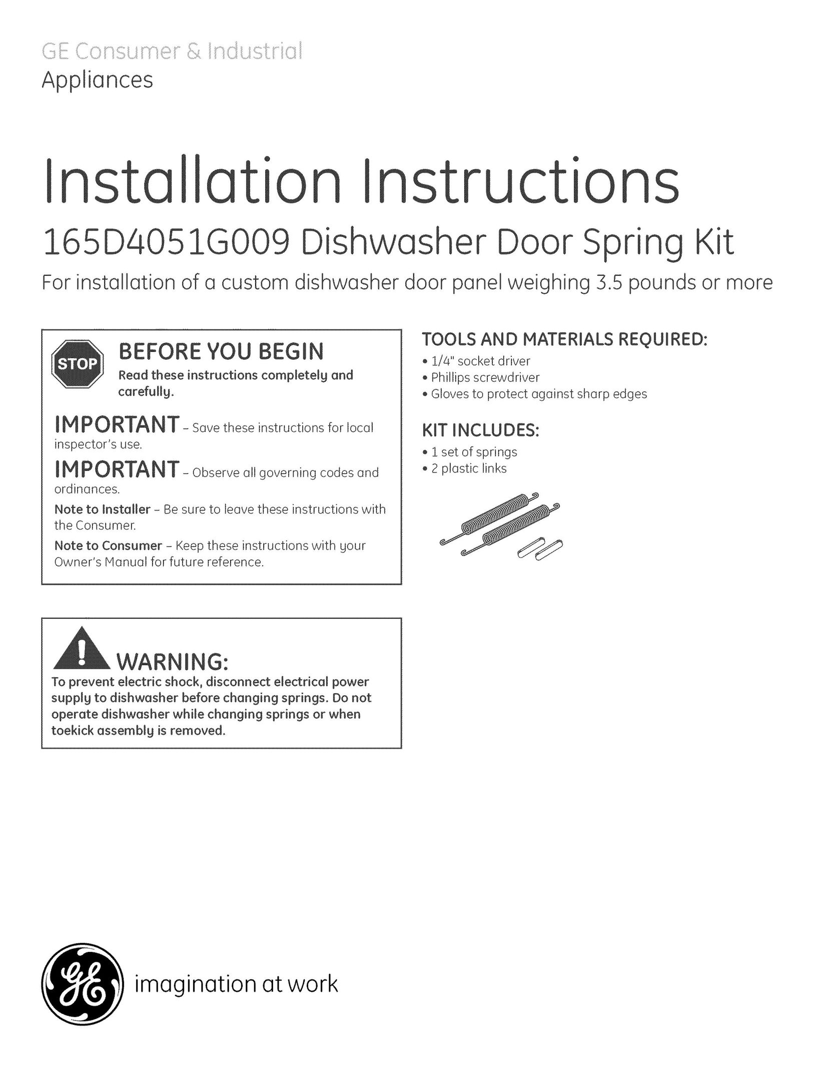GE 165D4051G009 Dishwasher User Manual