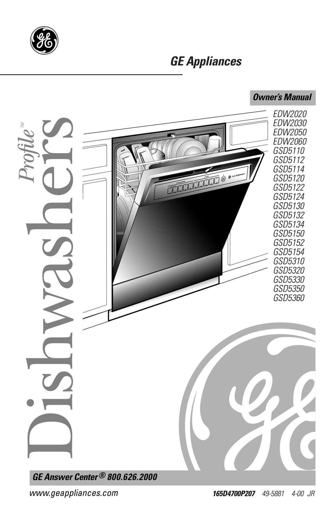 GE 165D4700P207 Dishwasher User Manual