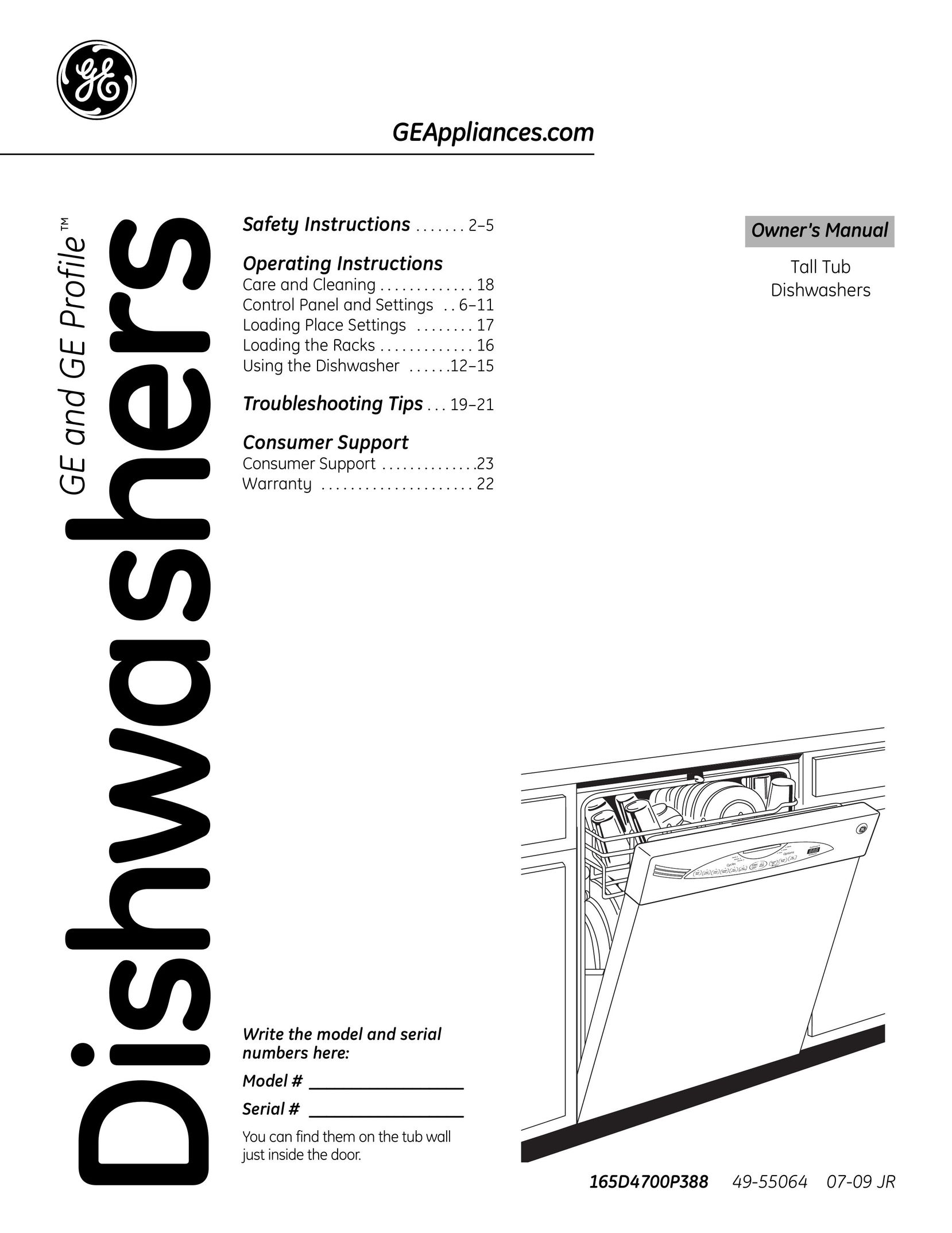 GE 165D4700P388 Dishwasher User Manual