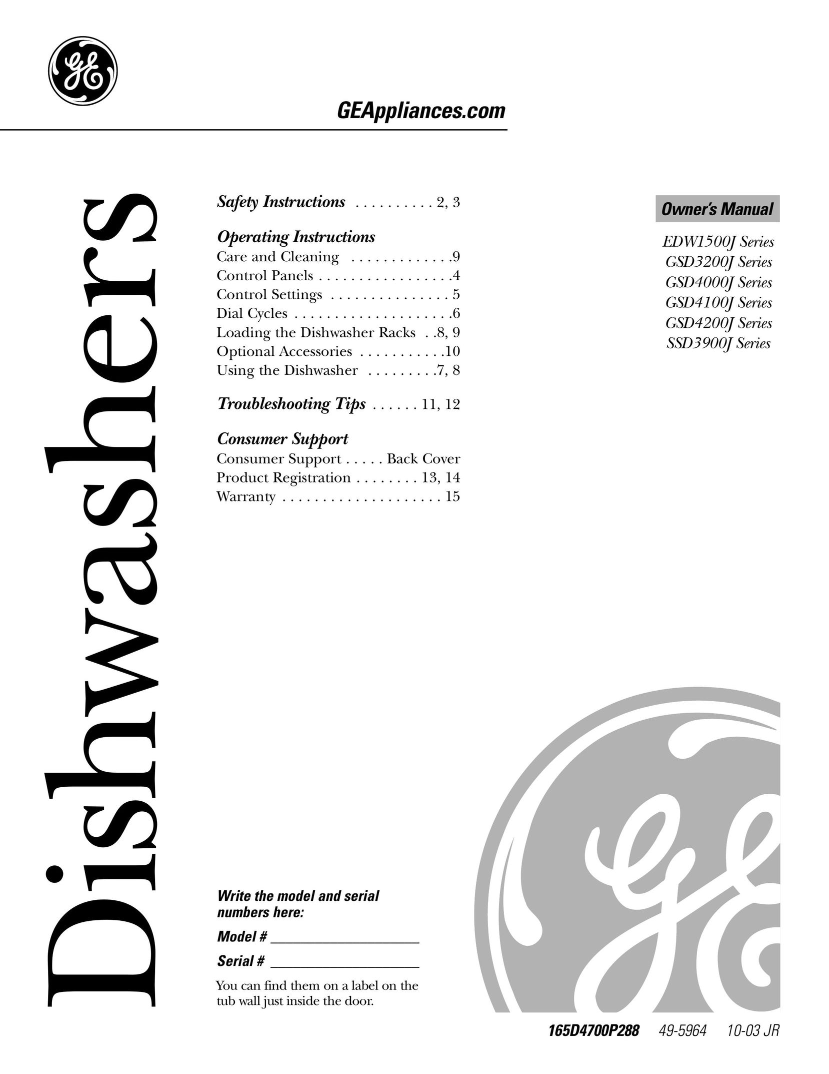 GE EDW1500J Dishwasher User Manual