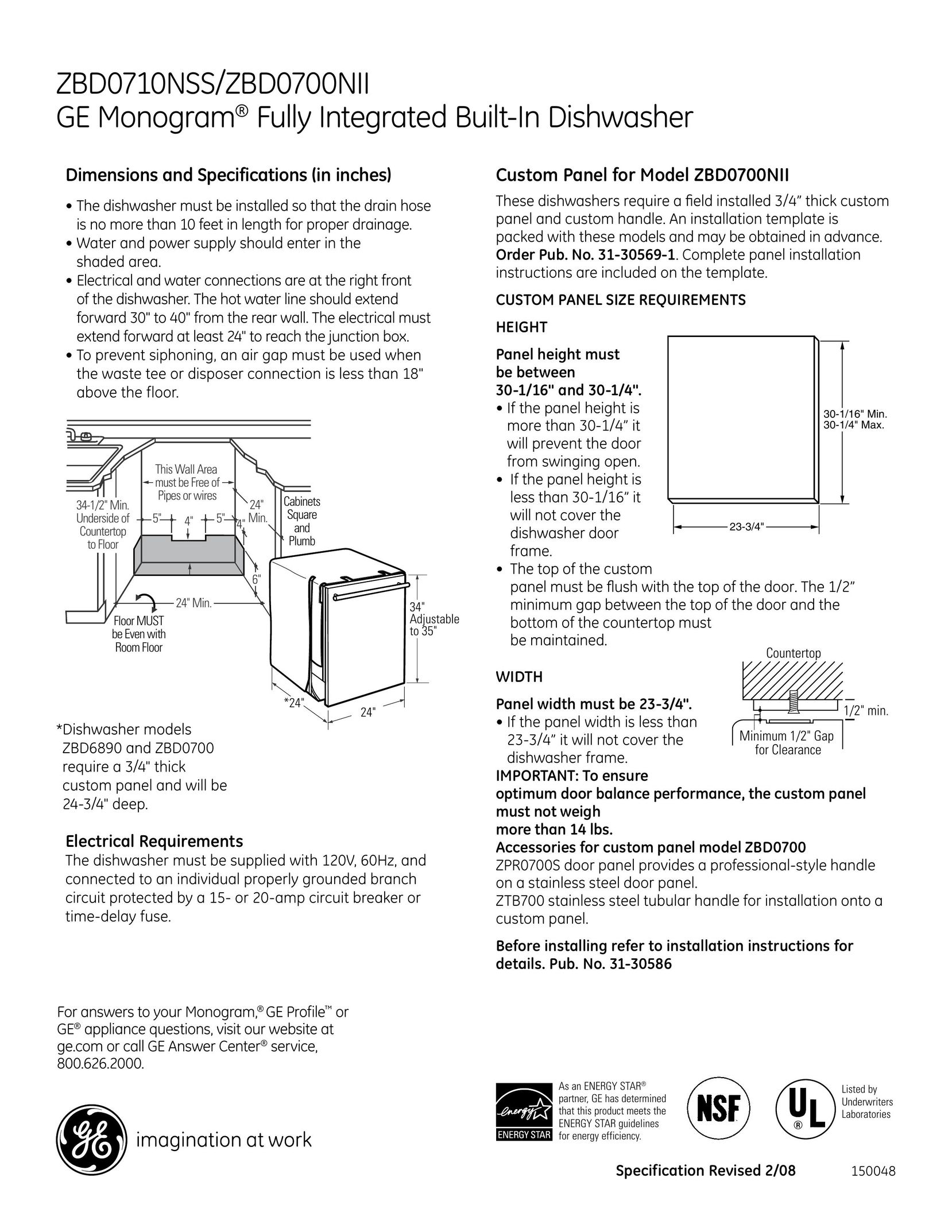 GE Monogram ZBd0700NII Dishwasher User Manual