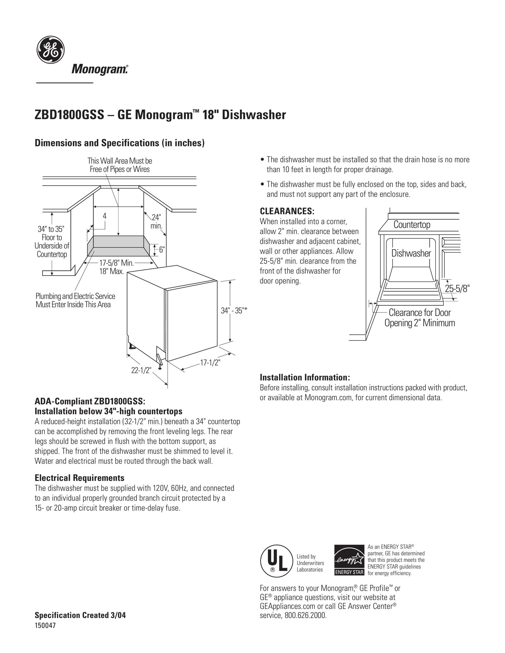 GE Monogram ZBD1800GSS Dishwasher User Manual