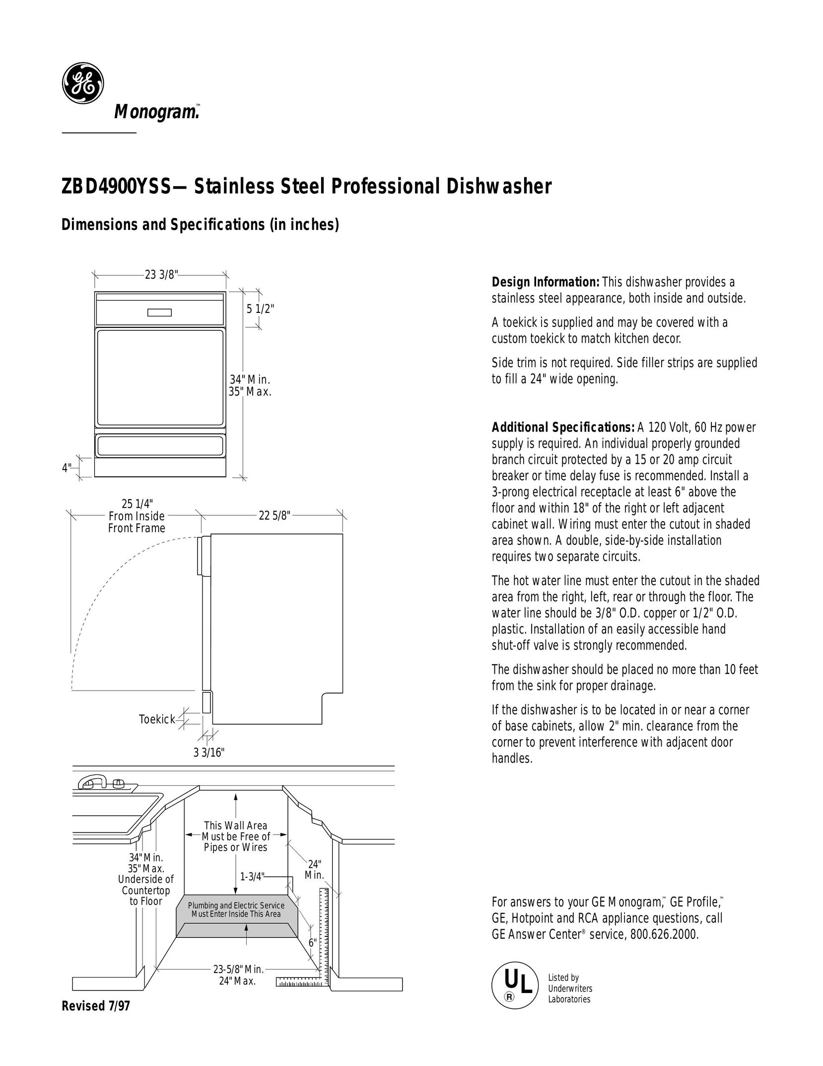GE Monogram ZBD4900YSS Dishwasher User Manual