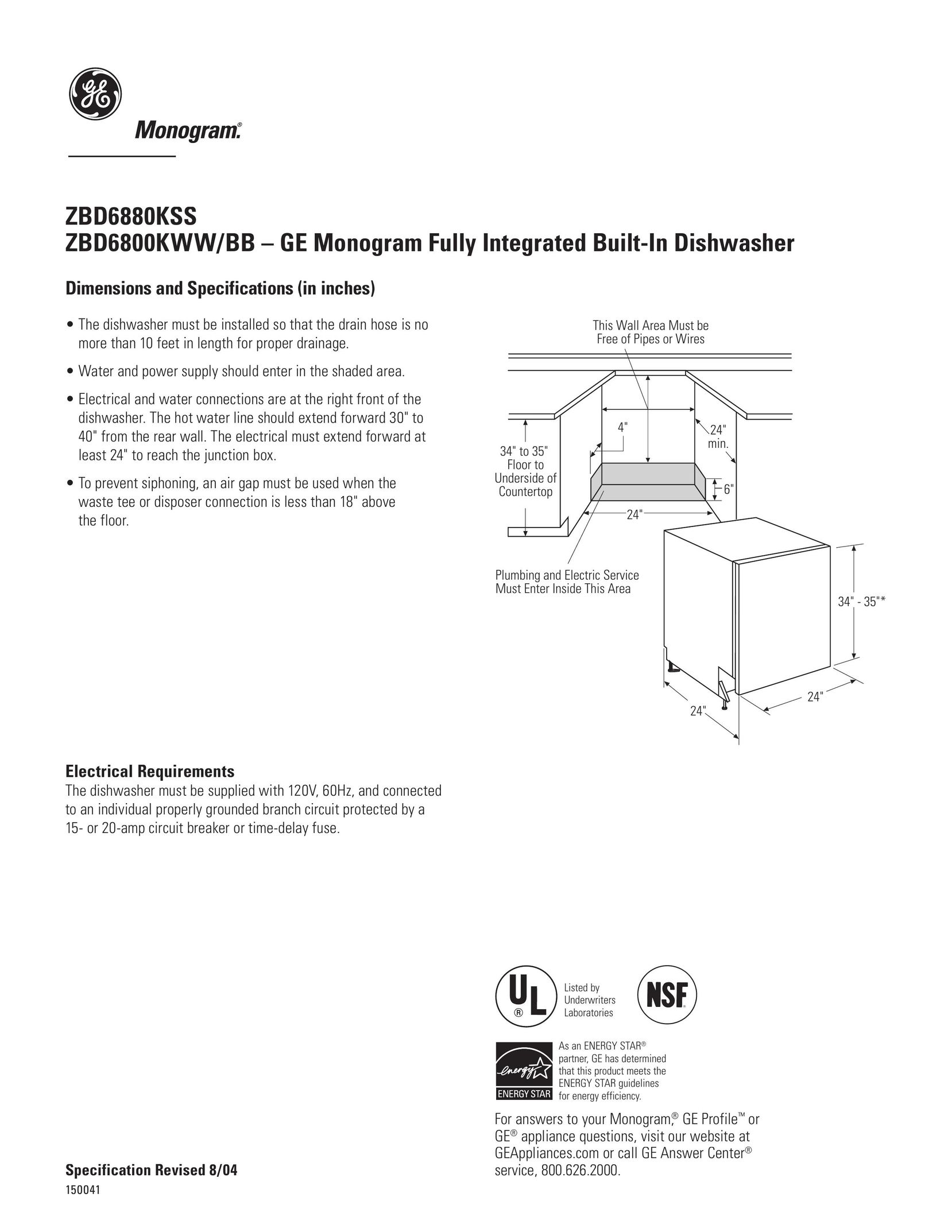GE Monogram ZBD6800KBB Dishwasher User Manual