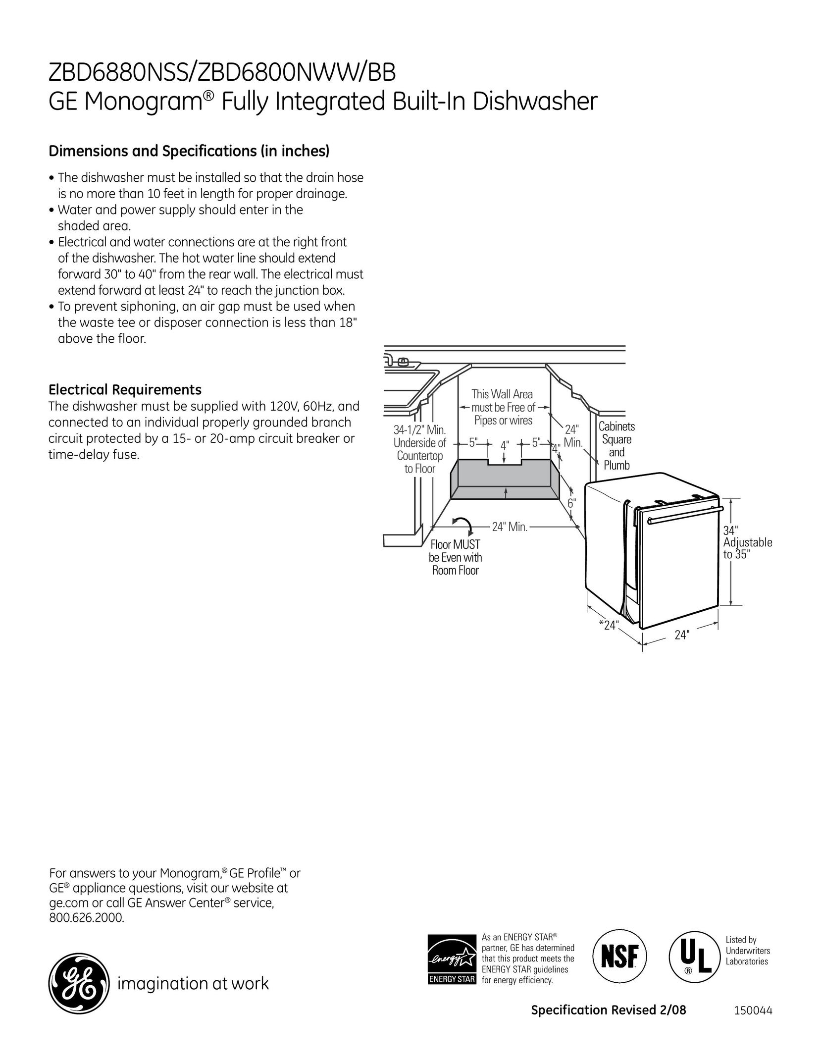 GE Monogram zbd6800Nbb Dishwasher User Manual