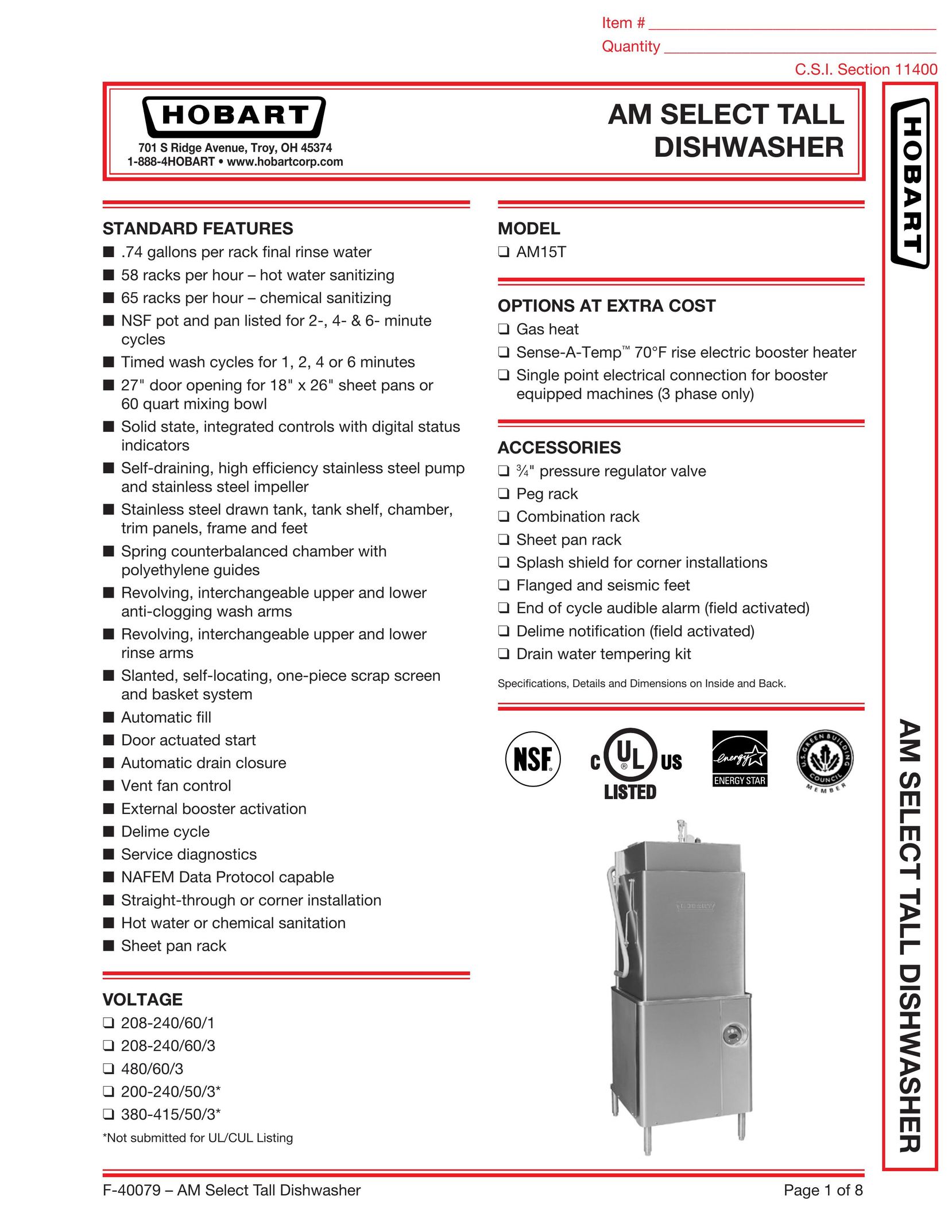 Hobart 200-240/60/3* Dishwasher User Manual