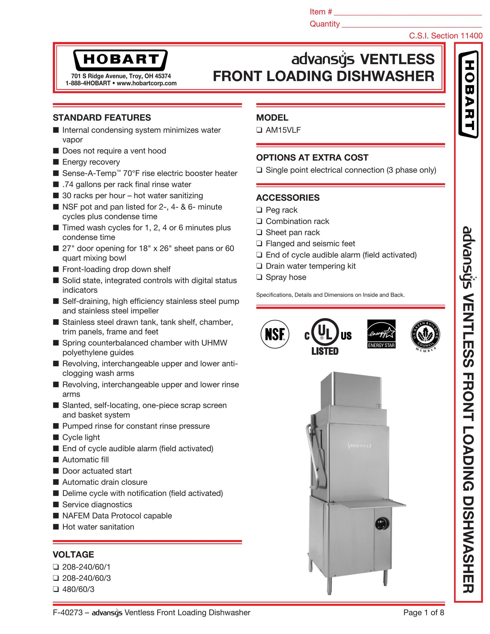 Hobart AM15VLF Dishwasher User Manual