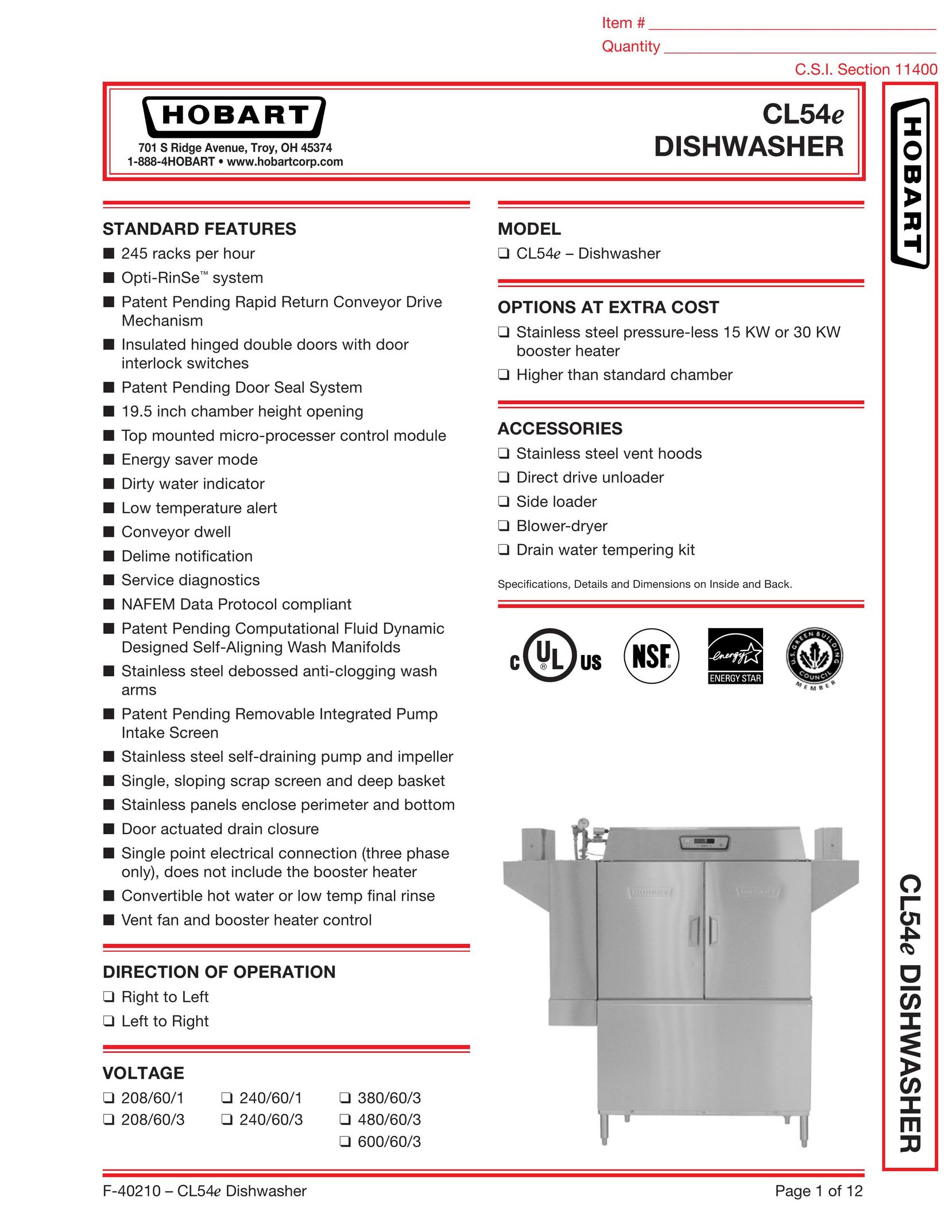 Hobart CL54E Dishwasher User Manual