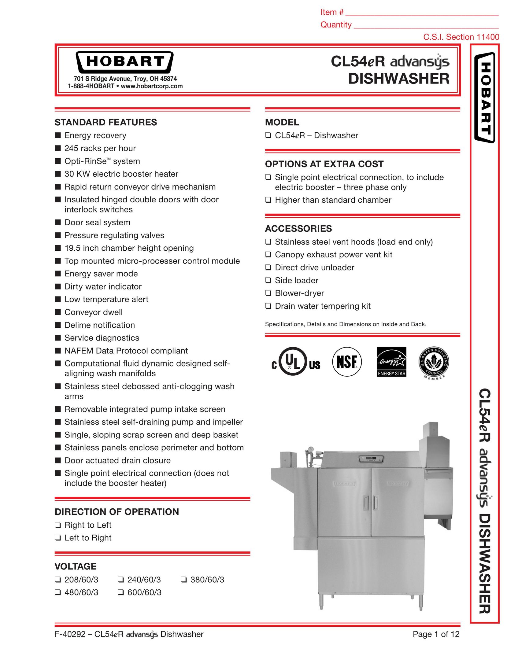 Hobart CL54ER Dishwasher User Manual