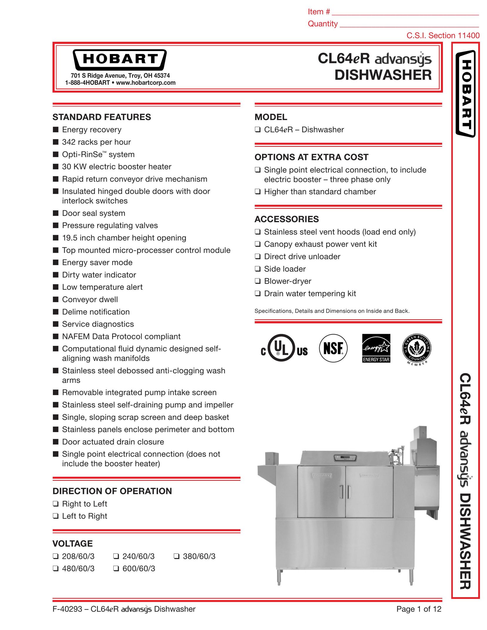 Hobart CL64ER Dishwasher User Manual