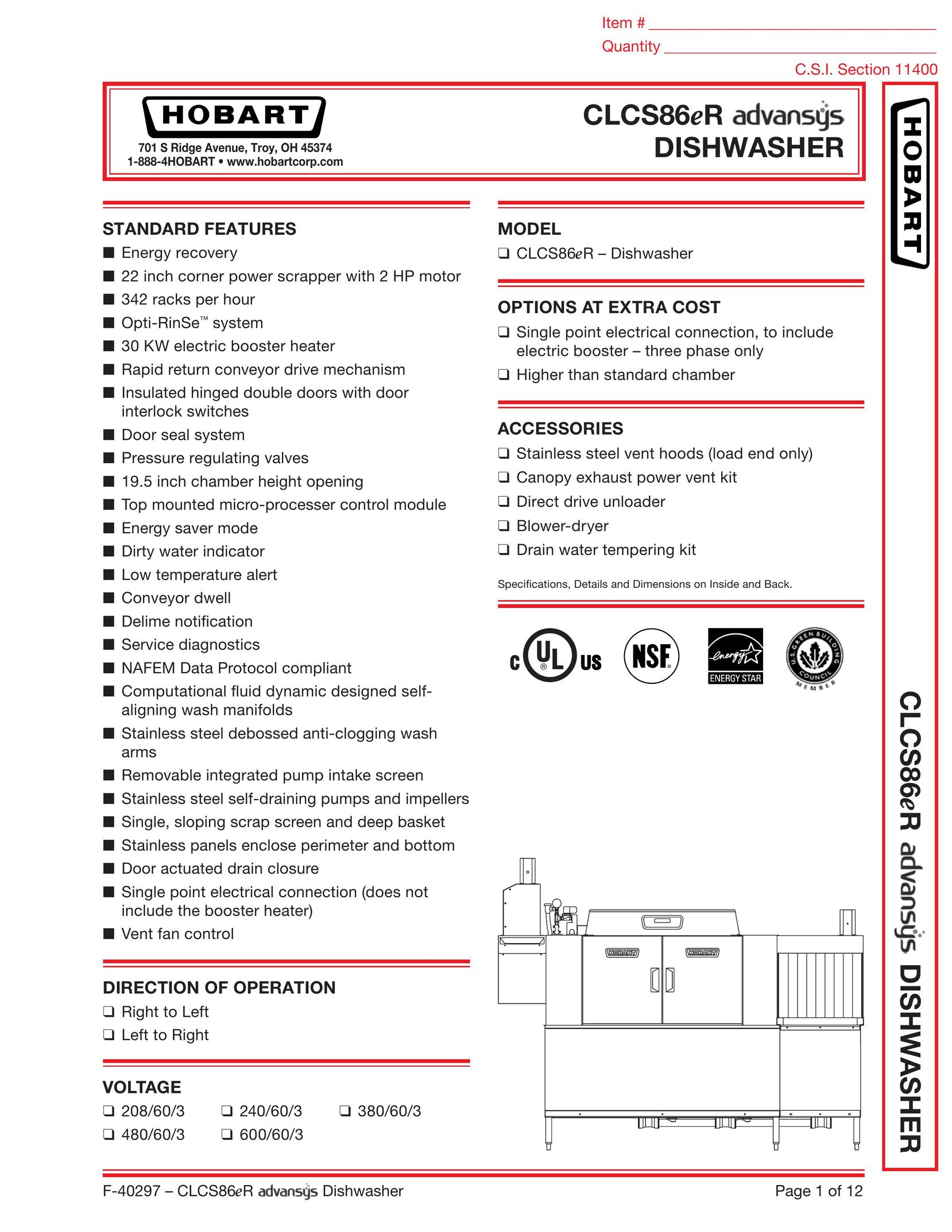 Hobart CLCS86ER Dishwasher User Manual
