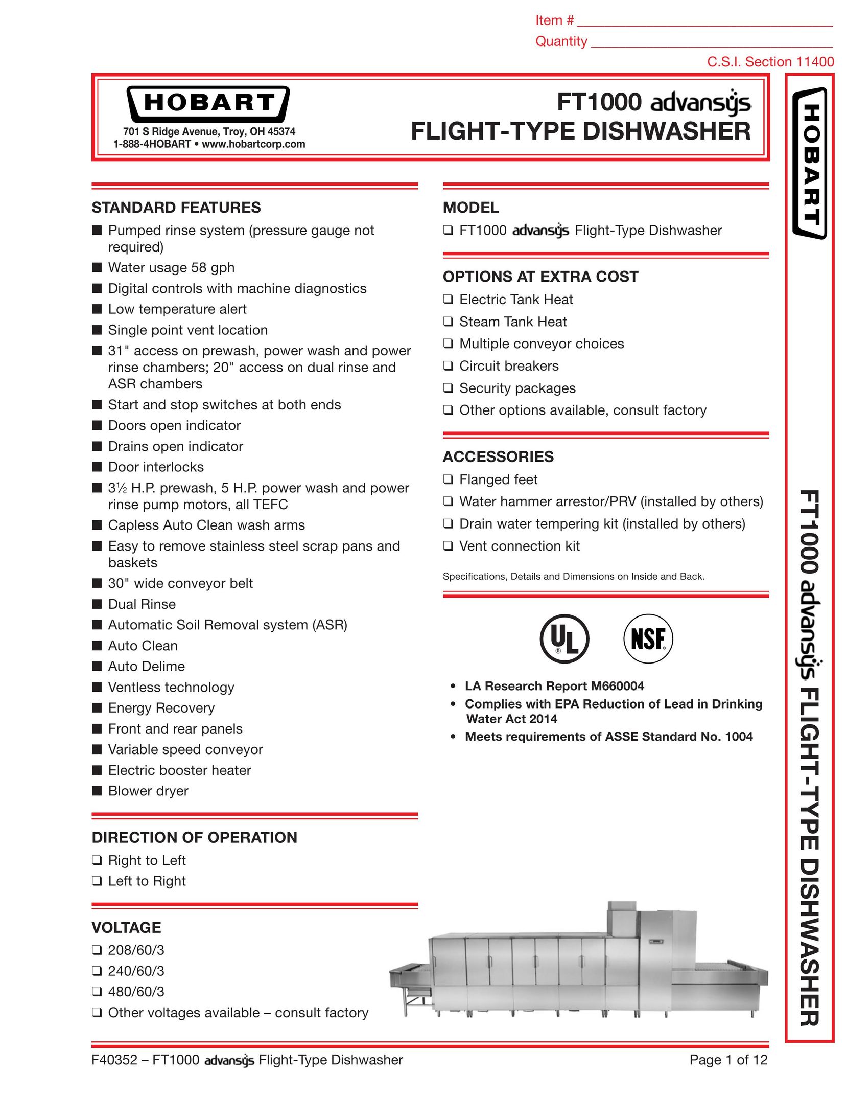 Hobart FT1000 Dishwasher User Manual