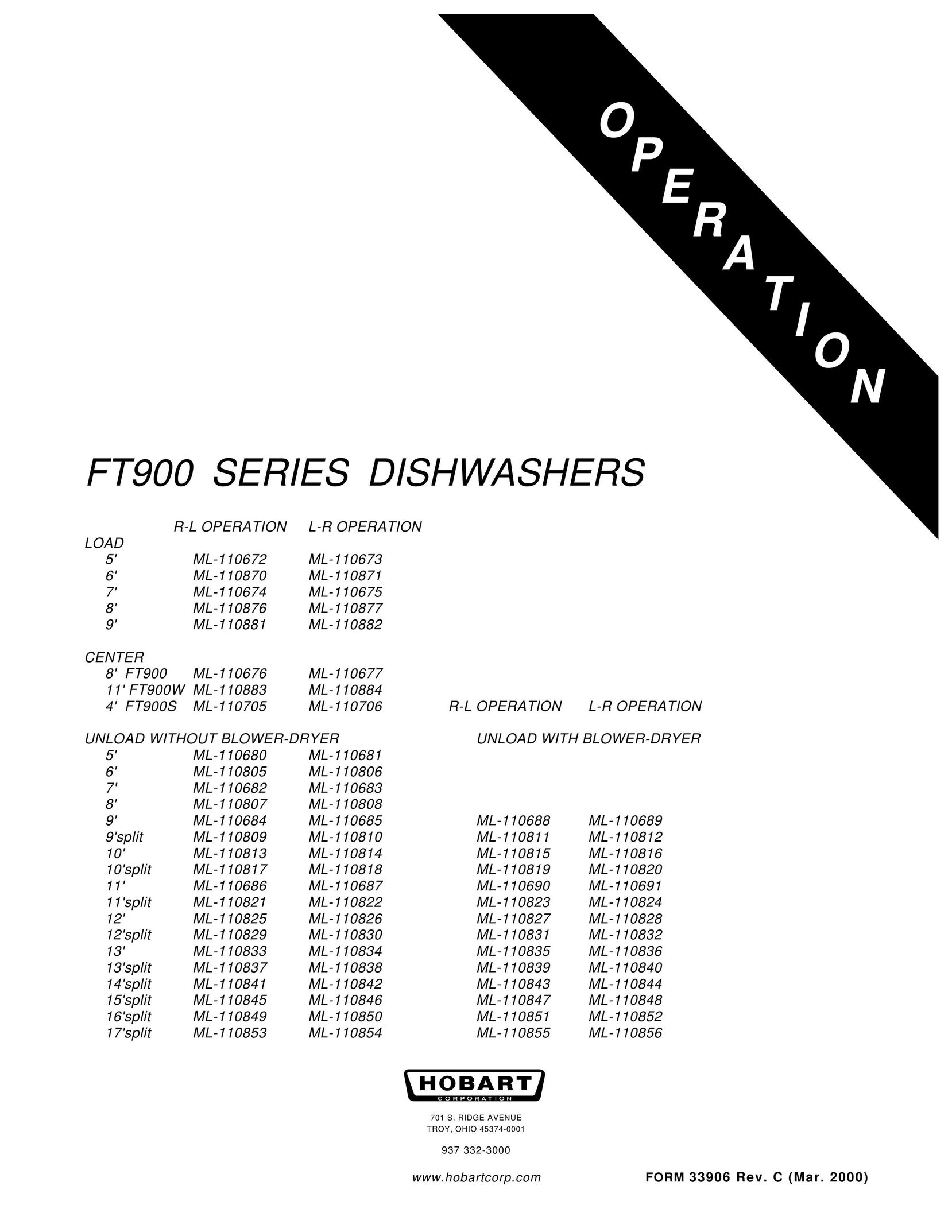 Hobart FT900 SERIES Dishwasher User Manual