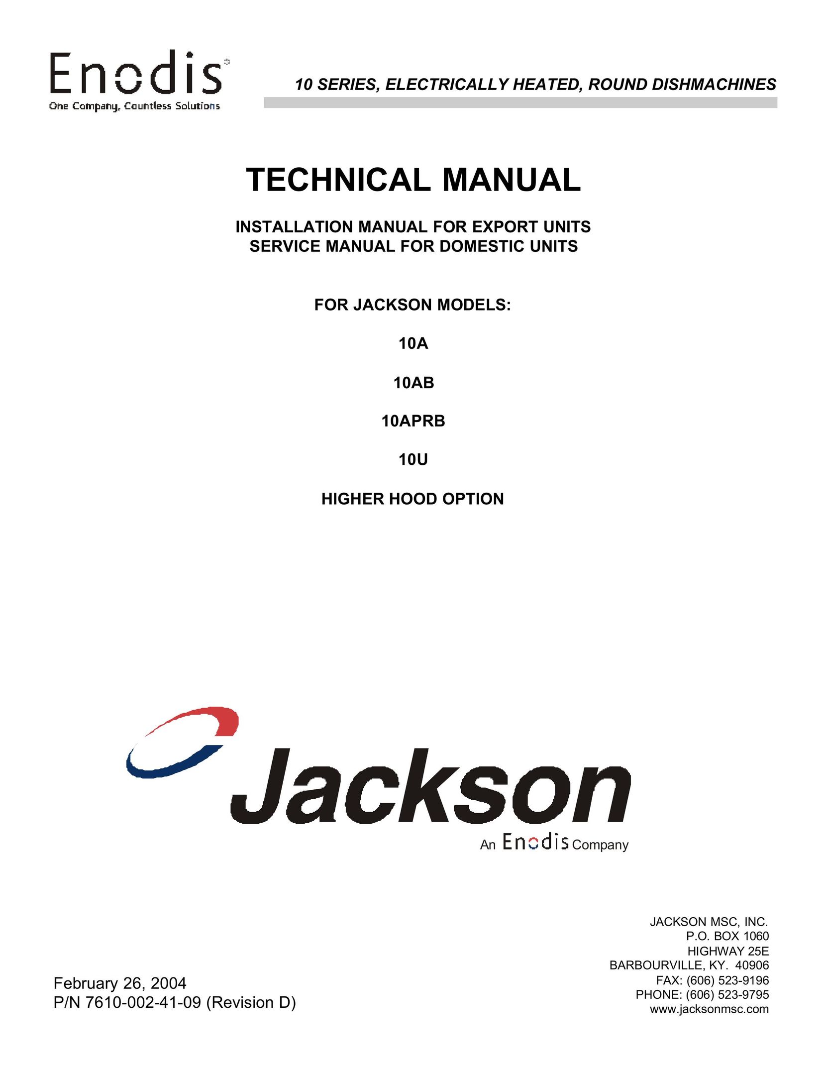 Jackson 10AB Dishwasher User Manual