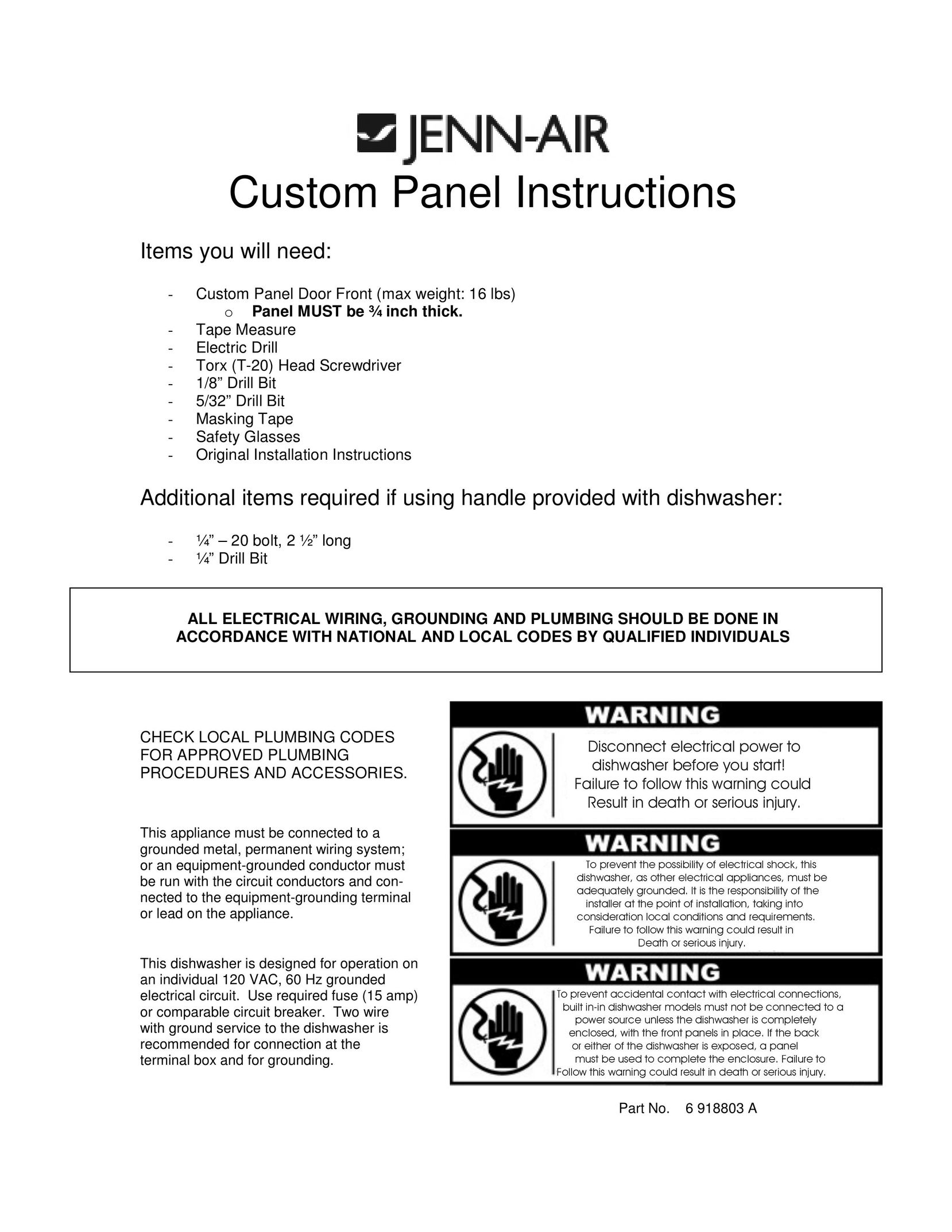 Jenn-Air 6 918803 A Dishwasher User Manual