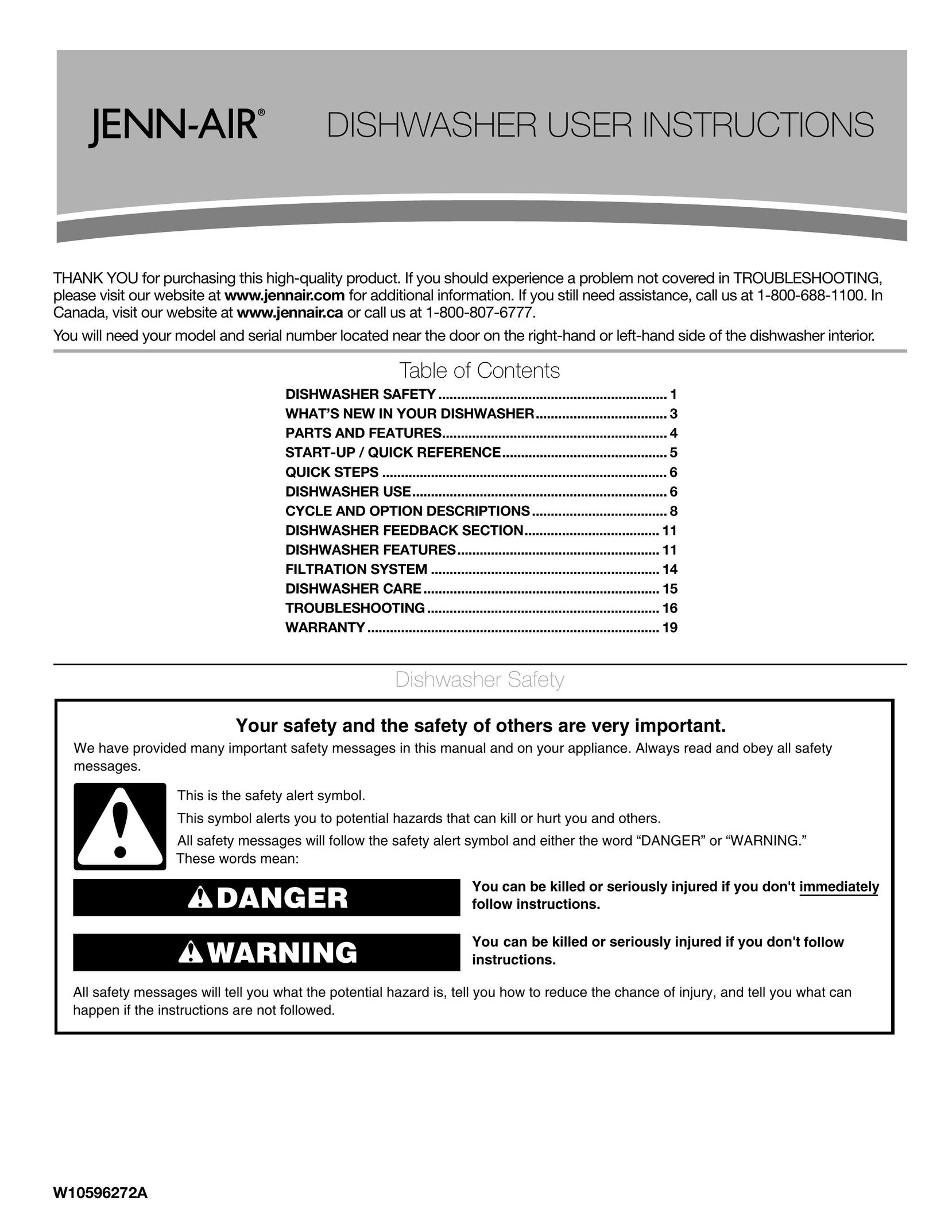 Jenn-Air W10596272A Dishwasher User Manual