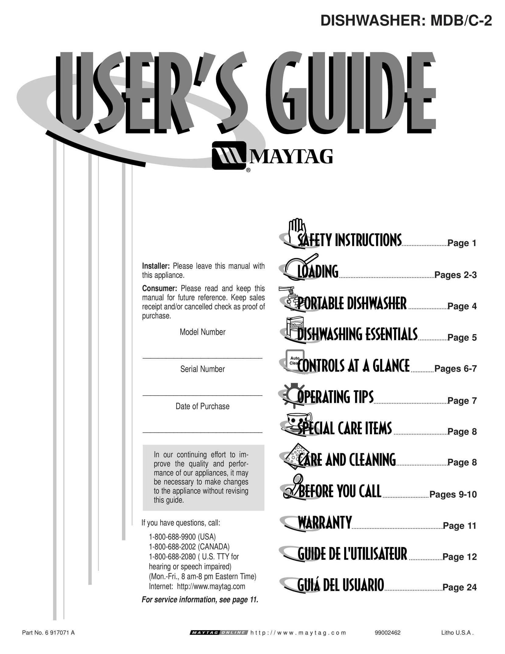 Maytag MDB/C-2 Dishwasher User Manual