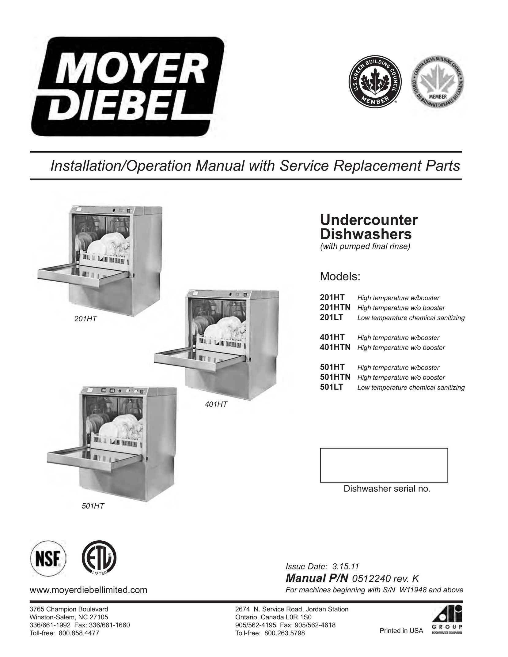 Moyer Diebel 201HT Dishwasher User Manual