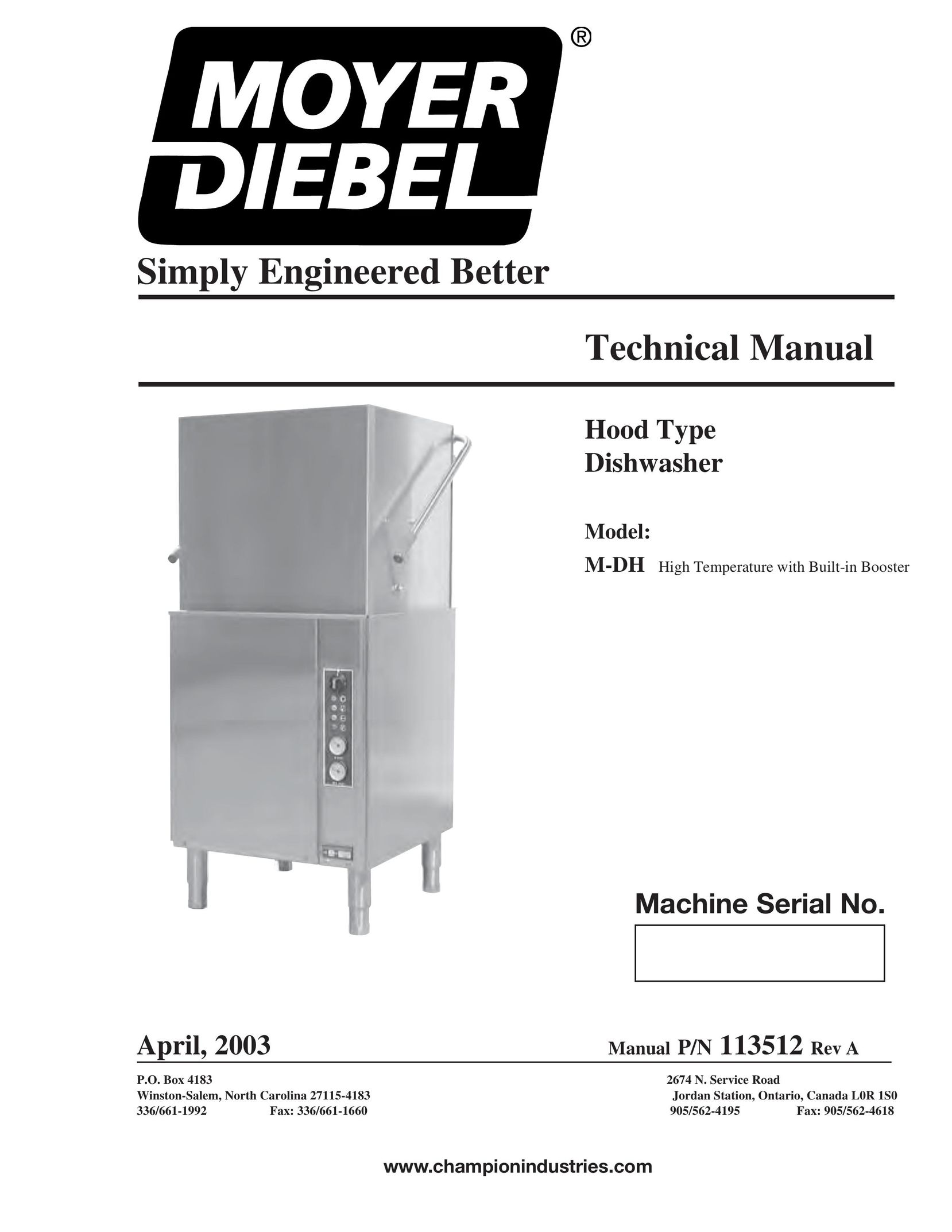 Moyer Diebel M-DH Dishwasher User Manual