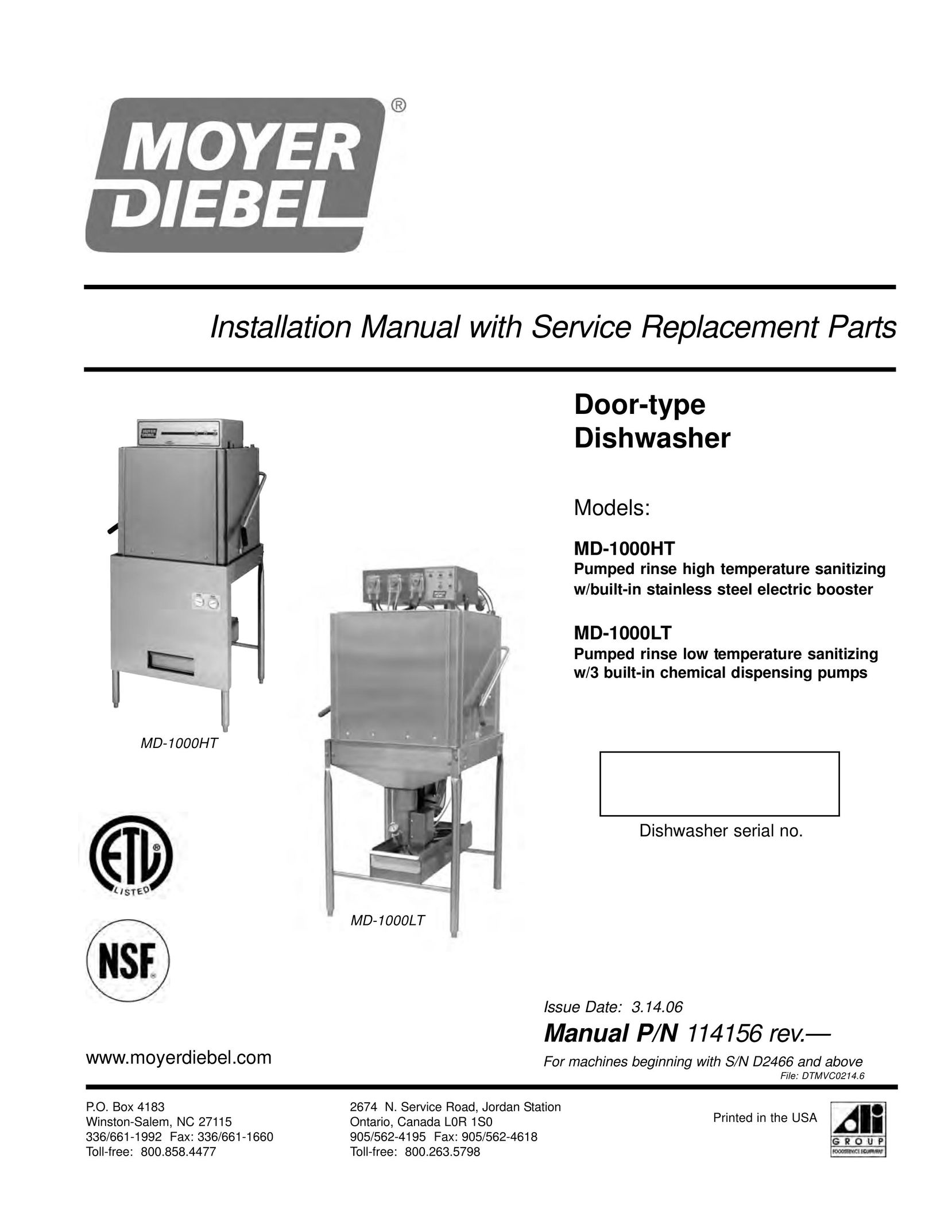 Moyer Diebel MD-1000LT Dishwasher User Manual