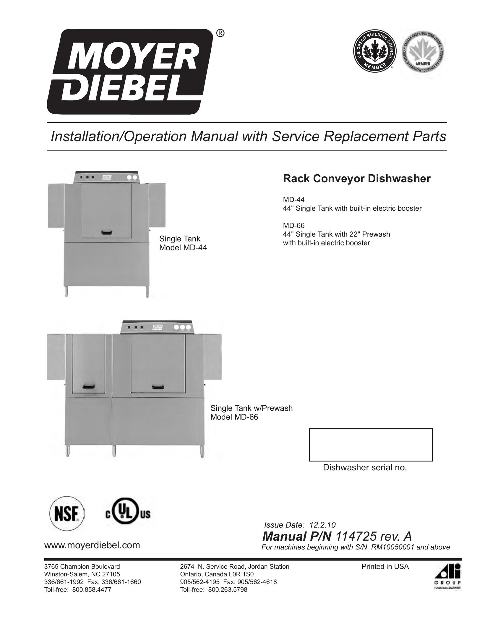 Moyer Diebel MD-44 Dishwasher User Manual