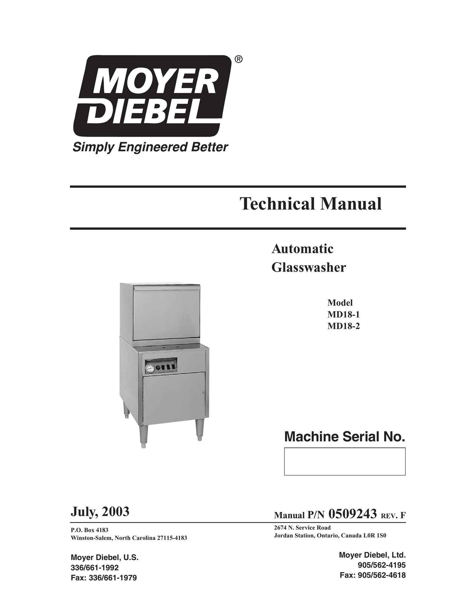 Moyer Diebel MD18-1 Dishwasher User Manual