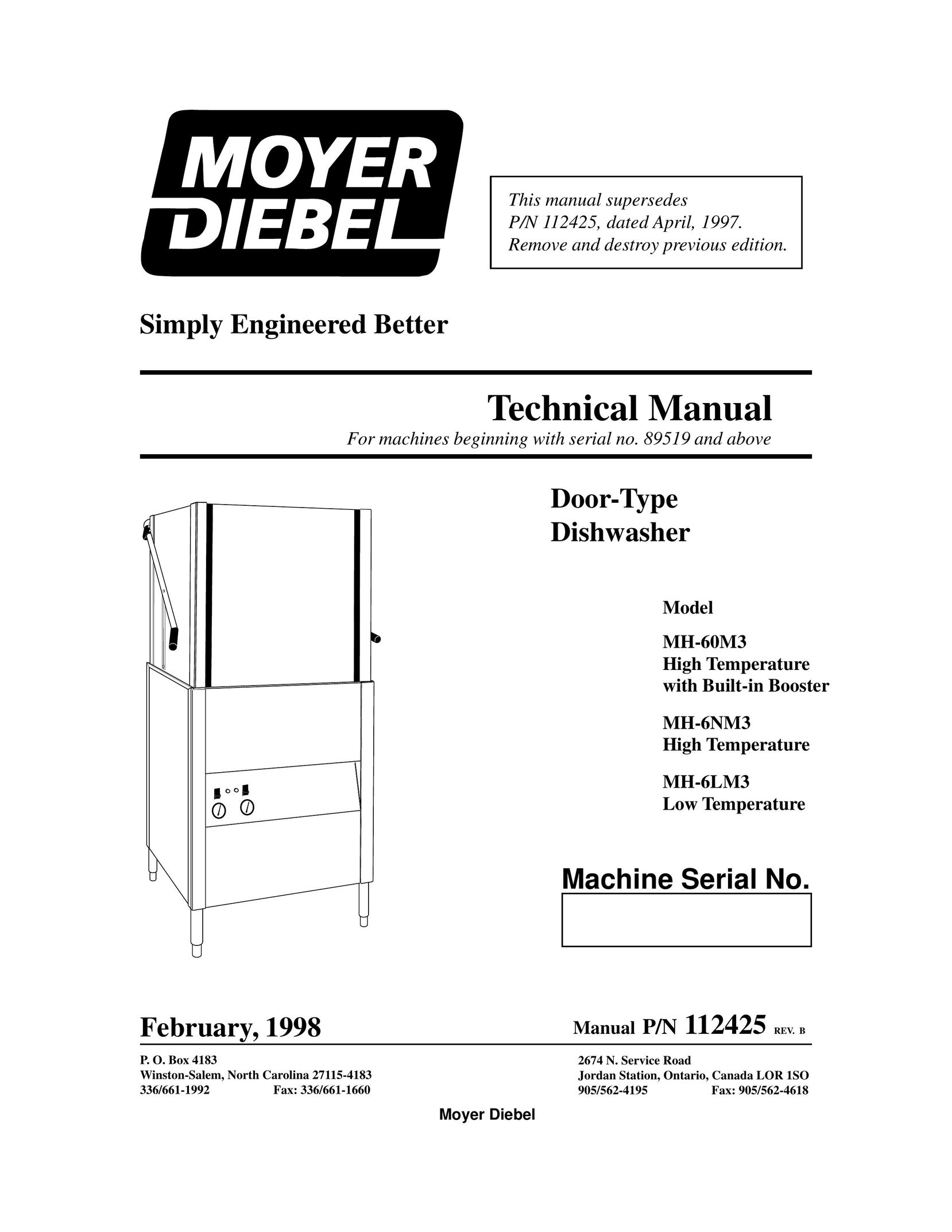 Moyer Diebel MH-6NM3 Dishwasher User Manual