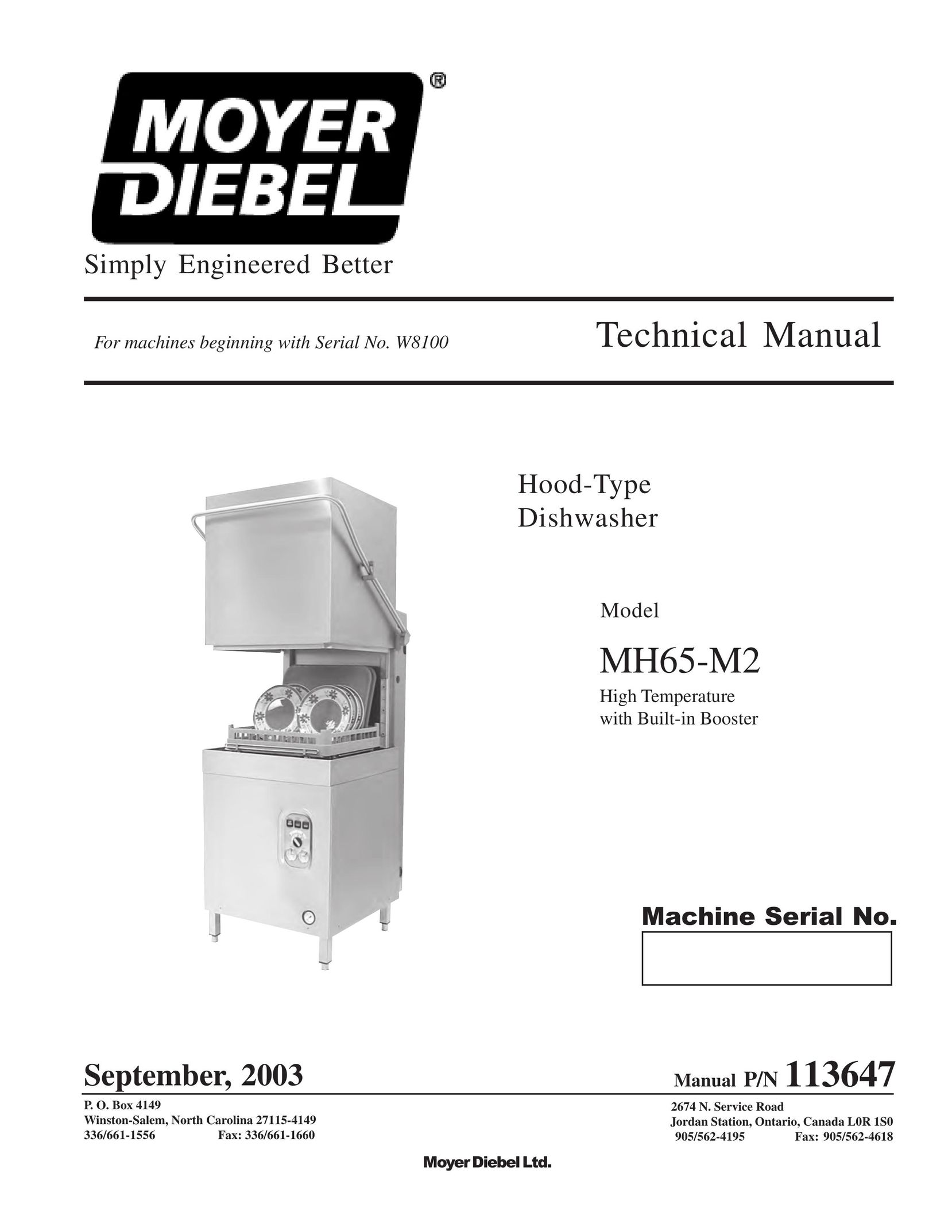 Moyer Diebel MH65-M2 Dishwasher User Manual