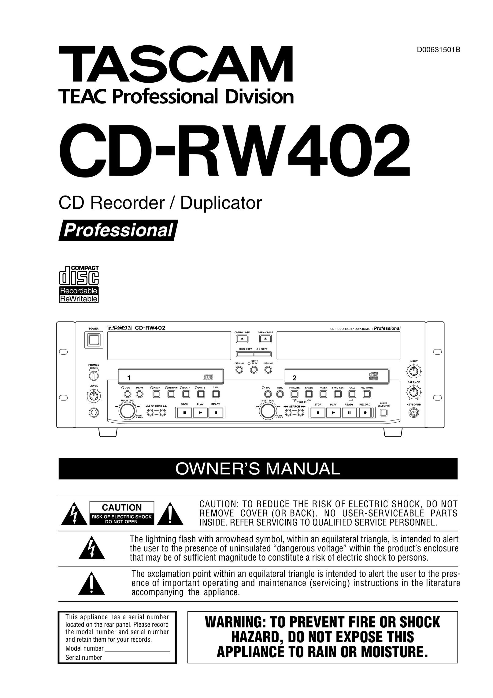 Tascam CD-RW402 Dishwasher User Manual