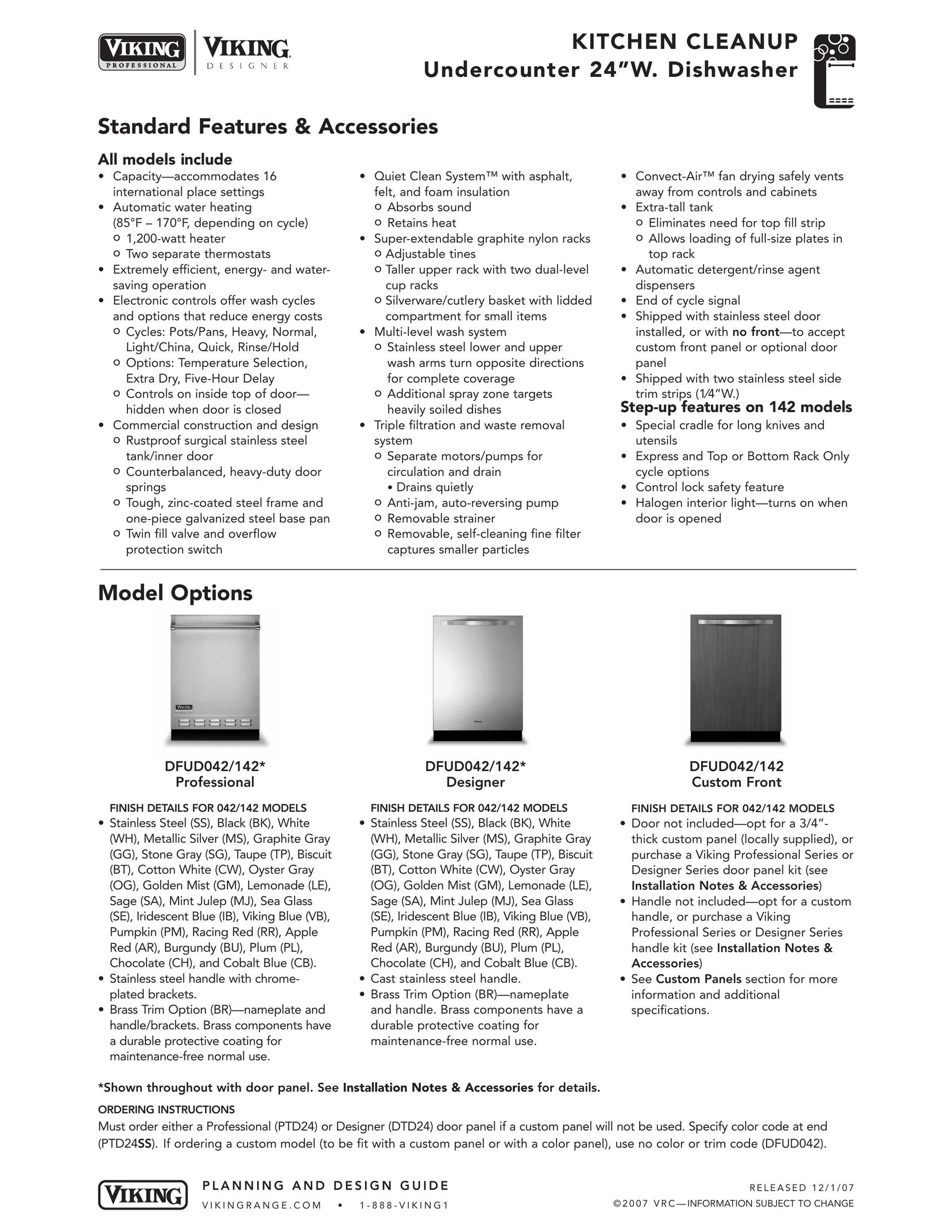 Viking DFUD042/142 Custom Front Dishwasher User Manual