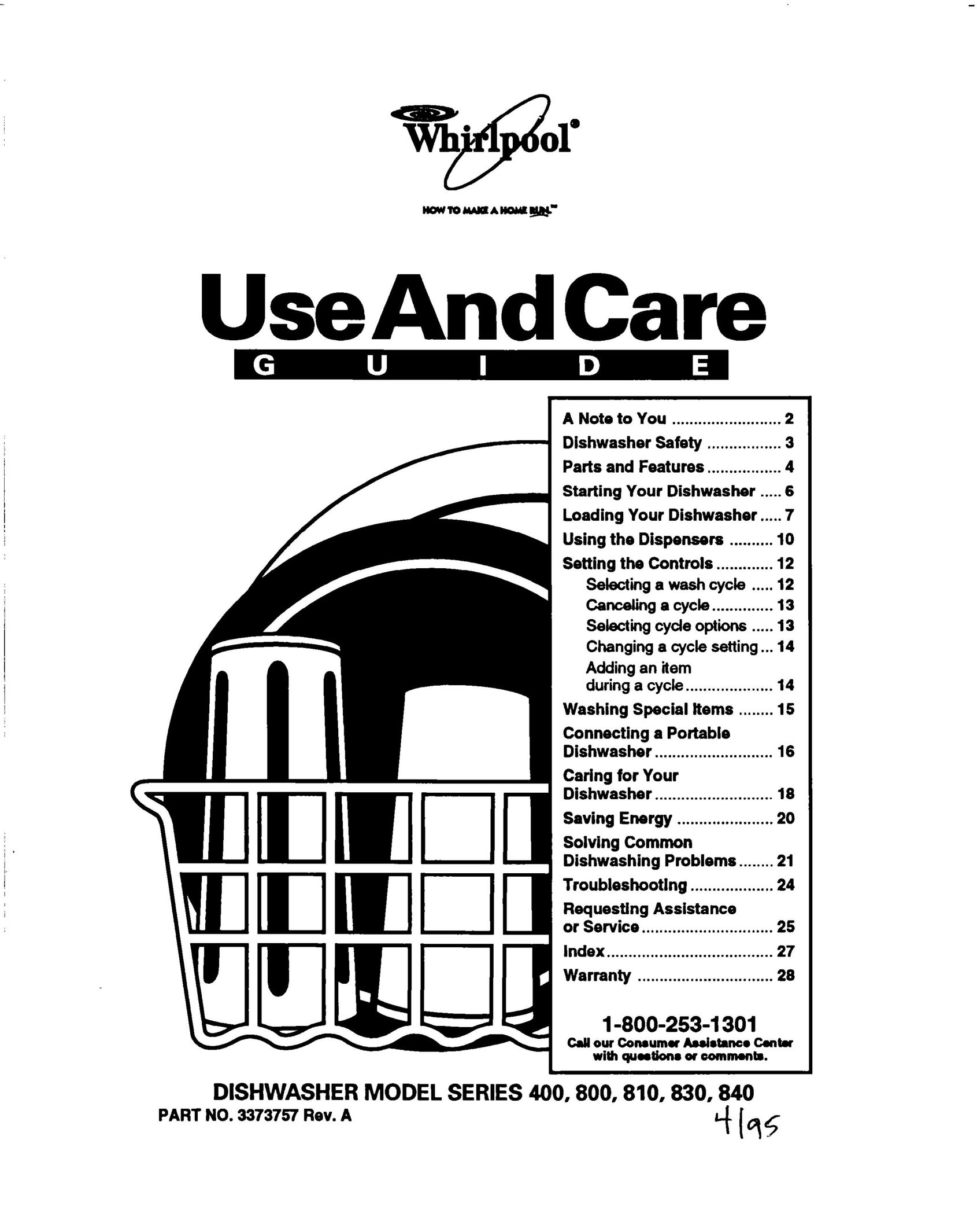 Whirlpool 400 Series Dishwasher User Manual