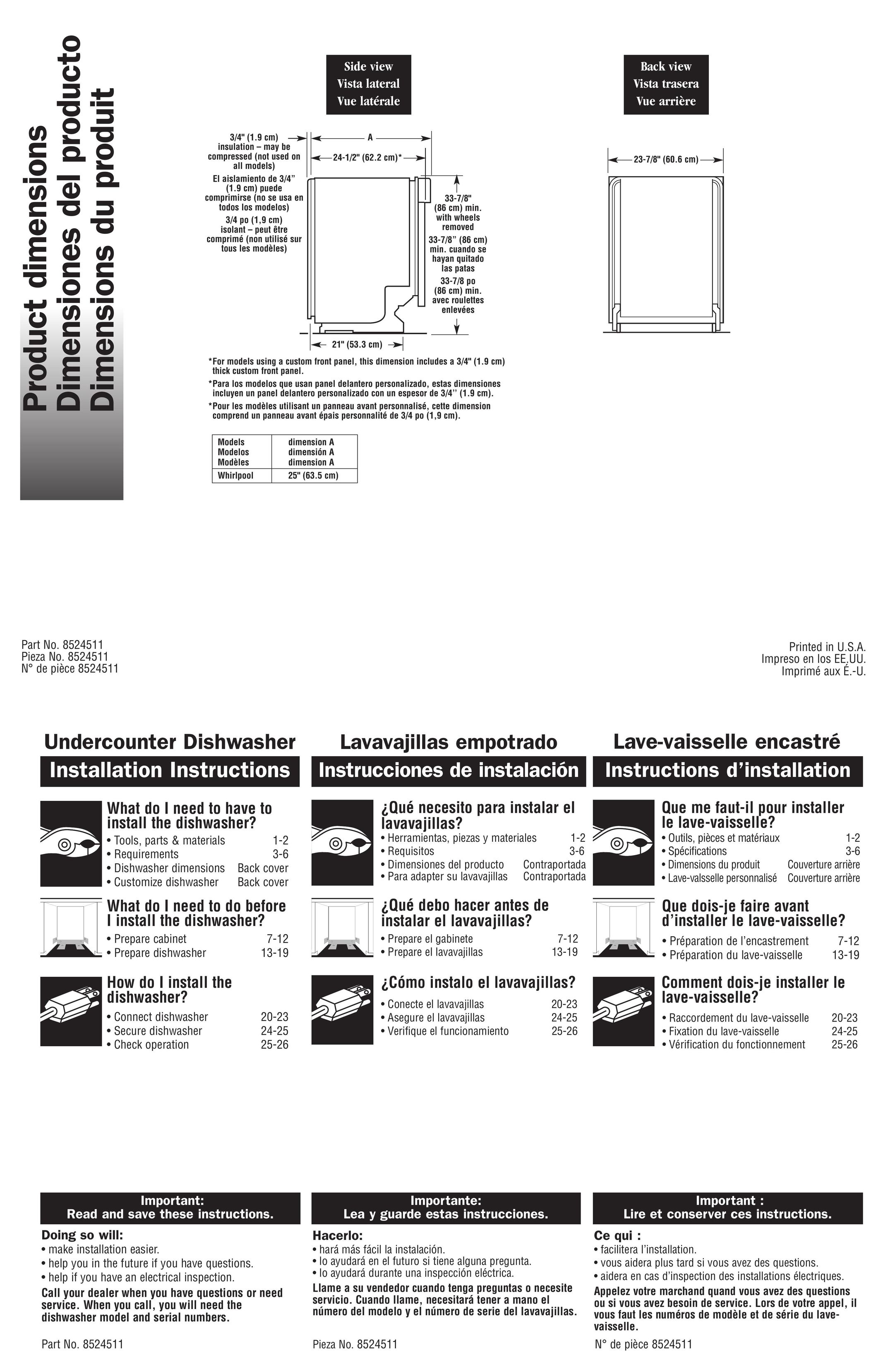 Whirlpool 8524511 Dishwasher User Manual